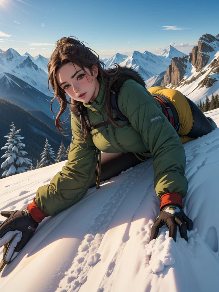 highest quality, masterpiece, Highly detailed background, Majestic Mountain々Back view of a girl climbing a hill, ((Winter mountaineer style clothing)), A person stretching out in the sunlight shining in from the mountaintop, Beautiful landscape in earth tones, Bright prospects, Expressions that give viewers a gentle feeling, Focus on the landscape、Make portrait smaller..