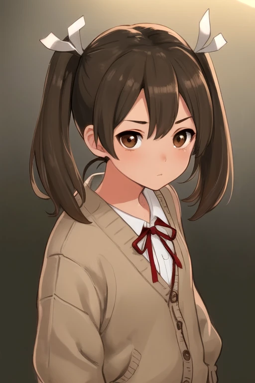 masterpiece, highest quality, figure, Subtle details, Studio Light, Best Shadow, Picturesque, 1girl, standing, frorm front, Small face, (short brown hiar), (dark brown eyes), , White cardigan, Twin tails, Red ribbon, Upper Body, from the front,