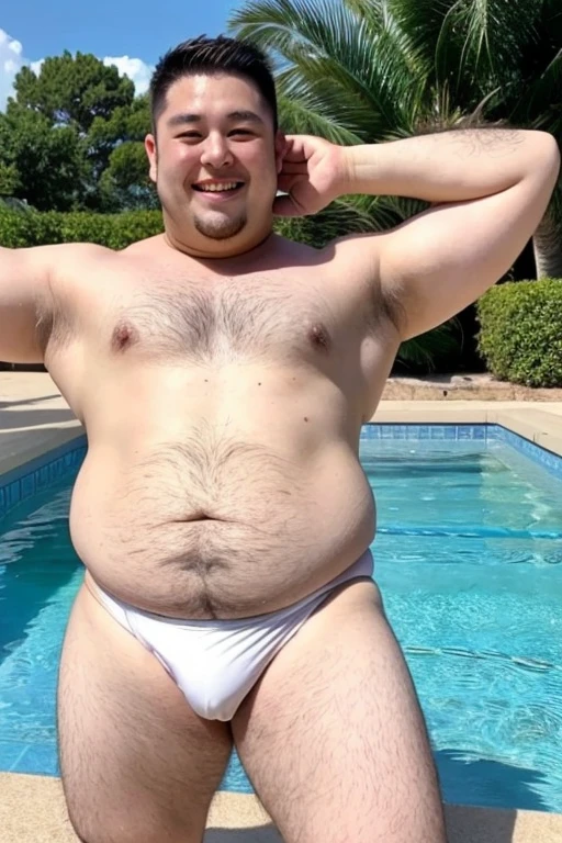 ((highest quality)), ((masterpiece)), (detailed), Perfect Face、Shaved head、Young Japanese、Muscular、Fat body、Big guy、smile、white small swimsuit、Emphasize the chest、Thick legs、Thick arms、naked、have power、Emphasis on large genitals