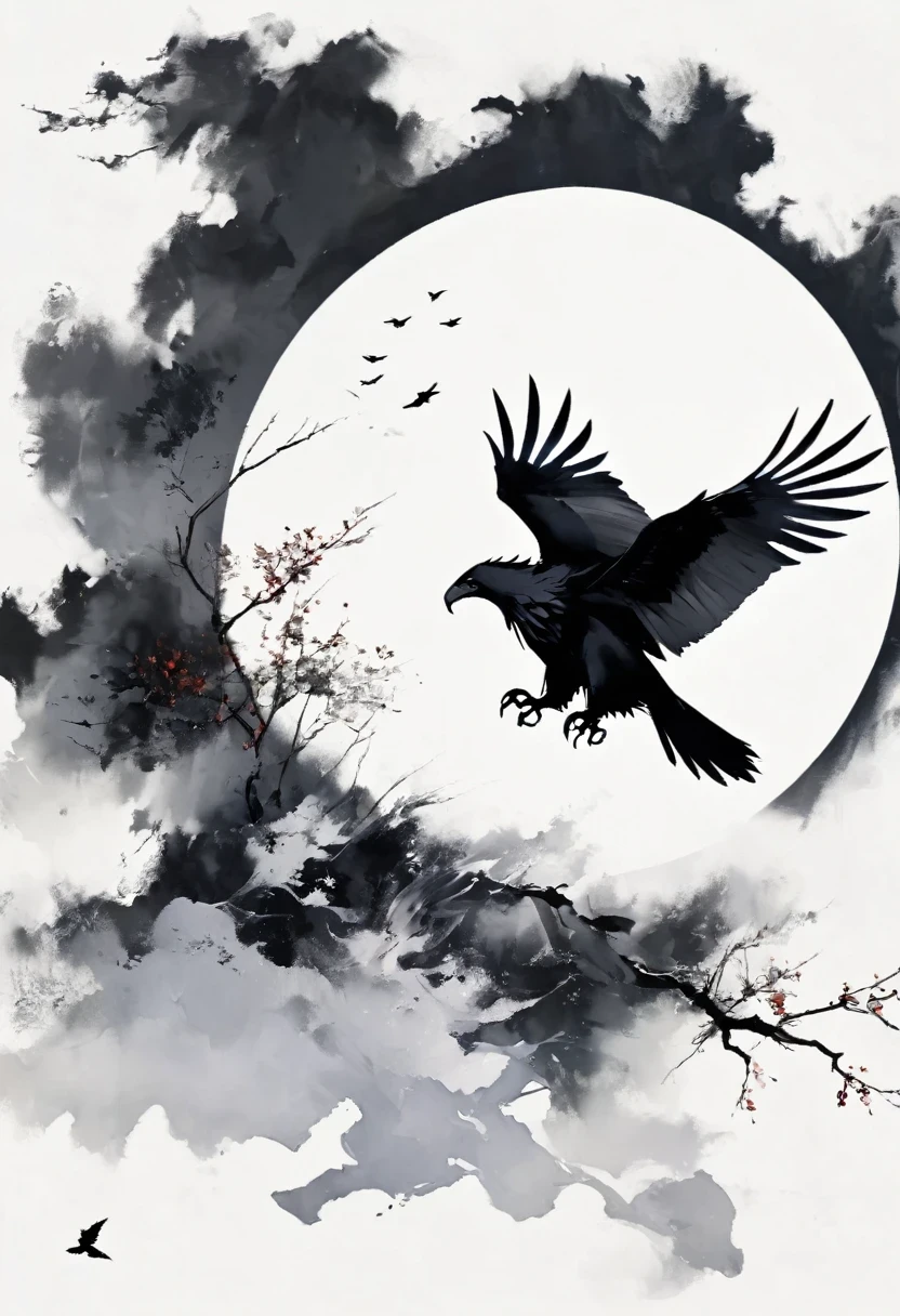 Black Hawk, White background, moon, simple, Minimalism, Regular angle,Black and white painting