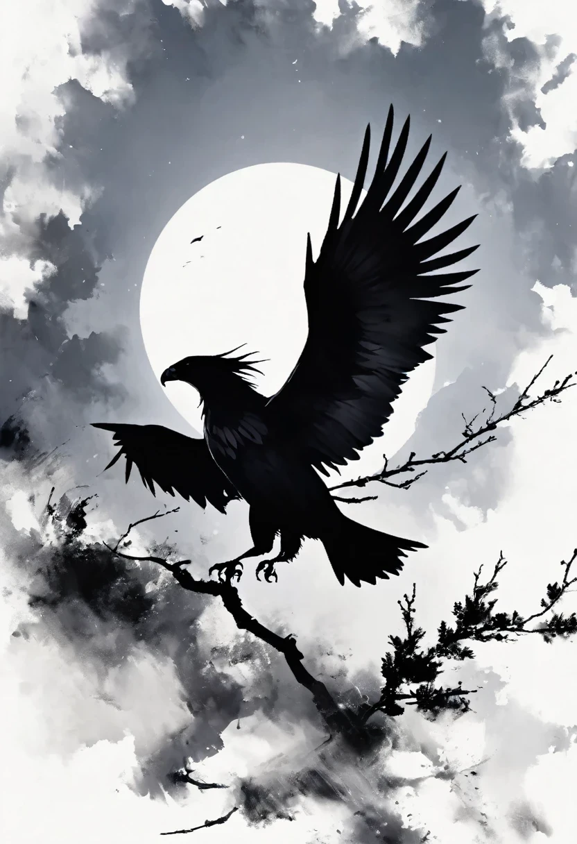 Black Hawk, White background, moon, simple, Minimalism, Regular angle,Black and white painting