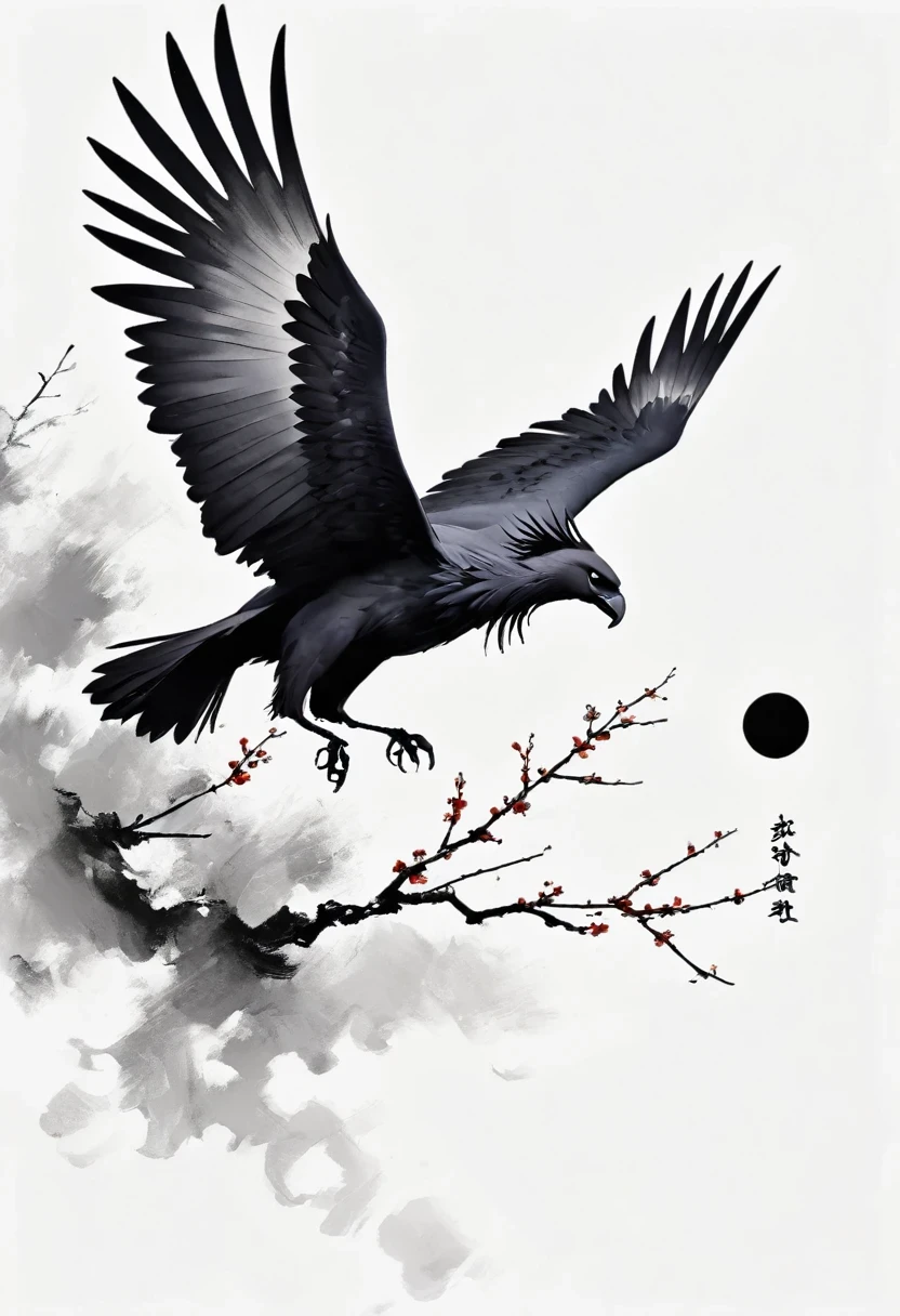 Black Hawk, White background, moon, simple, Minimalism, Regular angle,Black and white painting