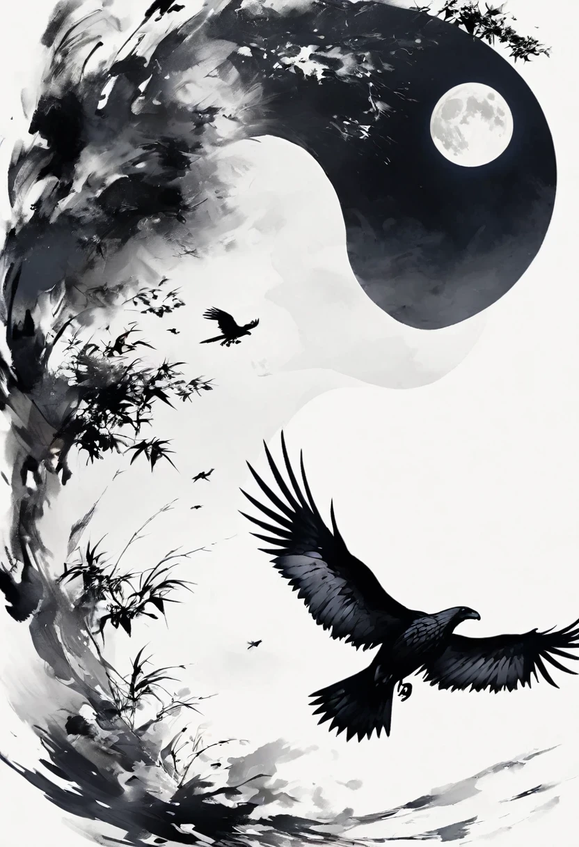 Black Hawk, White background, moon, simple, Minimalism, Regular angle,Black and white painting