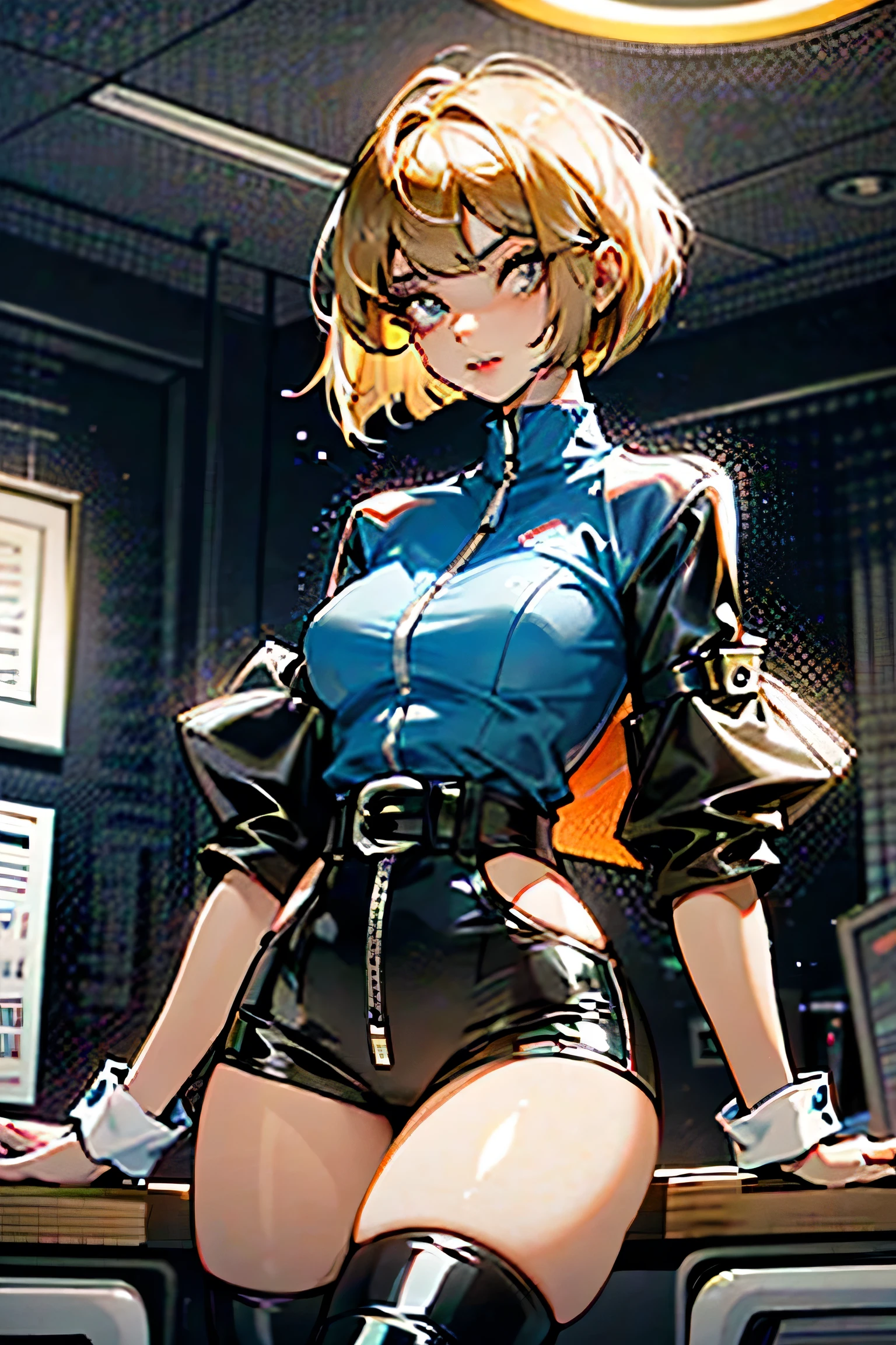 A mature, seductive woman in an office setting. She has blonde hair and blue eyes, with a bob cut that reaches slightly past her shoulders. She is looking directly at the viewer, with an intense gaze. She is wearing a blue t-shirt that accentuates her slim waist and highlights her curves. Her legs are long and slender, adorned with black thigh-high boots that add a thicc thights. She completes her provocative look with dark mini shorts that showcase her toned legs. Her lips are painted a bold shade of red, adding to her seductiveness. The overall image exudes confidence and sensuality.