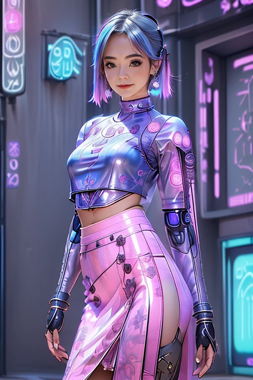 highest quality, Very detailed, masterpiece, Two women posing,(((Perfect female body))),Very beautiful face, Very beautiful body,Gentle expression, Very beautiful eyes,(Perfect Makeup:1.1),Fashion Model,pop punk fashion, Short Bob Cut,Shaggy Hair,pink and blue hair:1.3, very thin body,Smart Abs,((Monogram pattern:1.3)),Purple to red gradient,Lace blouse,Long Length Pencil Skirt,anklet,LED Light,LED Boots,A kind smile,Full body portrait,(Cyber city night view:1.3), (Shiny skin),(Earrings),Elegant scarves,See-through long shawl,Liquid Metal,gas mask,