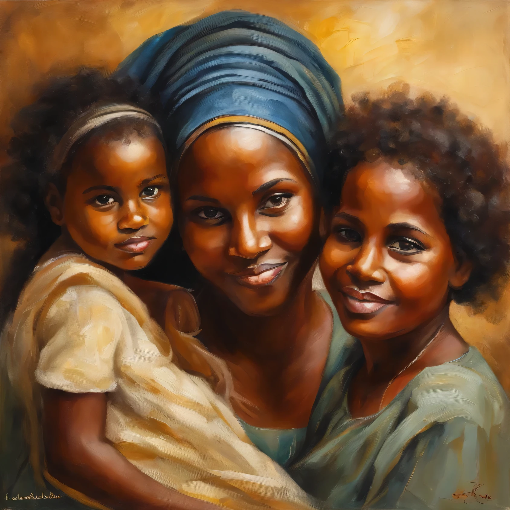 A close-up of mother holding two children in her arms, africano, Negroid, africano hair, Estilo Van Gogh, (pinceladas pesadas:1.2), cores vibrantes, (Impasto grosseiro:1.3), (Angular composition:1.1), dramatic shadows, ( dramatic lighting:1.2), peaceful atmosphere, sereno, (pinceladas expressivas:1.1), (detalhes estilizados:1.2), ambiente tranquilo, (qualidade sonhadora:1.3), impressionist, post-impressionist. Ethiopian girls