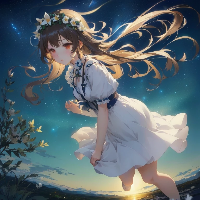 anime girl with long hair and flower crown running in the night, ethereal anime, beautiful anime, anime moe artstyle, 4k anime wallpaper, anime style 4 k, hd anime wallaper, official artwork, anime wallaper, anime visual of a cute girl, anime art wallpaper 8 k,  in dress, beautiful anime girl, nightcore, beautiful anime art
