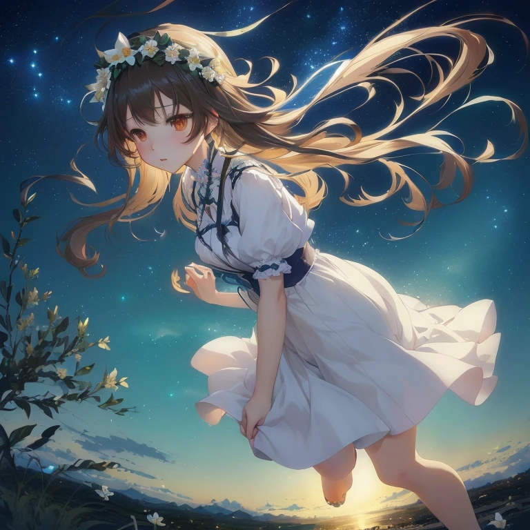 anime girl with long hair and flower crown running in the night, ethereal anime, beautiful anime, anime moe artstyle, 4k anime wallpaper, anime style 4 k, hd anime wallaper, official artwork, anime wallaper, anime visual of a cute girl, anime art wallpaper 8 k,  in dress, beautiful anime girl, nightcore, beautiful anime art