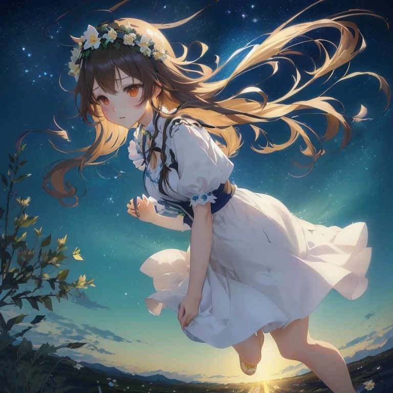 anime girl with long hair and flower crown running in the night, ethereal anime, beautiful anime, anime moe artstyle, 4k anime wallpaper, anime style 4 k, hd anime wallaper, official artwork, anime wallaper, anime visual of a cute girl, anime art wallpaper 8 k,  in dress, beautiful anime girl, nightcore, beautiful anime art