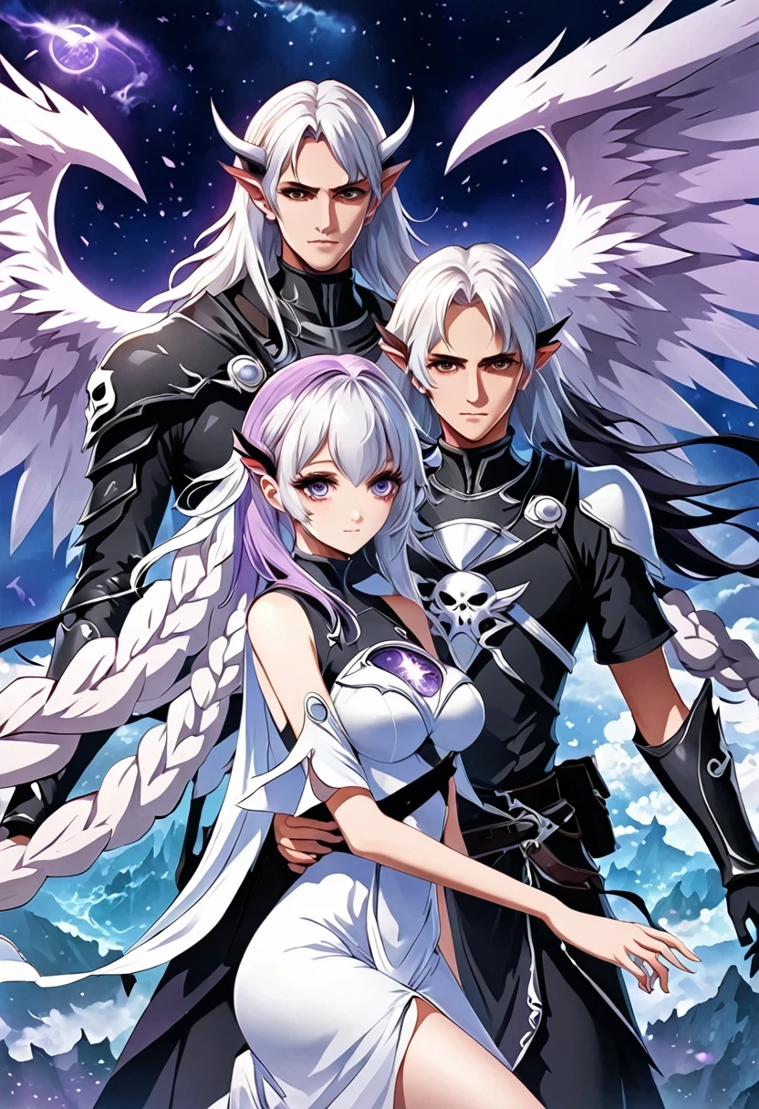Death Demon,Dragon Island, Double braid girl,(White background:1.2),Cartoon character with wings flying over woman in purple and white dress, Anime fantasy illustration, white hair deity, Fantasy style anime, Anime Fantasy Artwork, Anime Cover, Fantasy art style, Ethereal Anime, white hair, white hair, Beautiful fantasy anime, Nixon and Sagemchan, Queen and ruler of the universe, Anime style 4k, Cool anime 8K, Devil anime girl, Anime epic artwork, best anime 4k konachan wallpapers, angel knight girl, 2. 5D CGI anime fantasy artwork, Angels Watching the Devil, Anime Key Art, Eros and Thanatos, Dark Angel, Epic anime style, Ghost Hunters Art Style