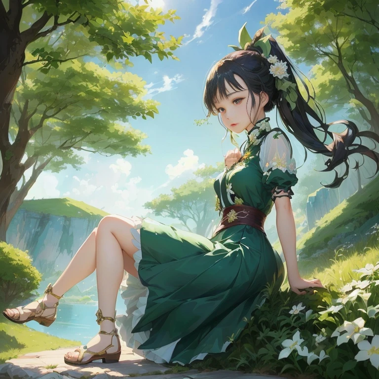 anime girl sitting on a rock in a green dress, artwork in the style of guweiz, guweiz, guweiz on pixiv artstation, palace , a girl in hanfu, guweiz on artstation pixiv, in dress, smooth anime cg art, guweiz masterpiece, beautiful anime portrait