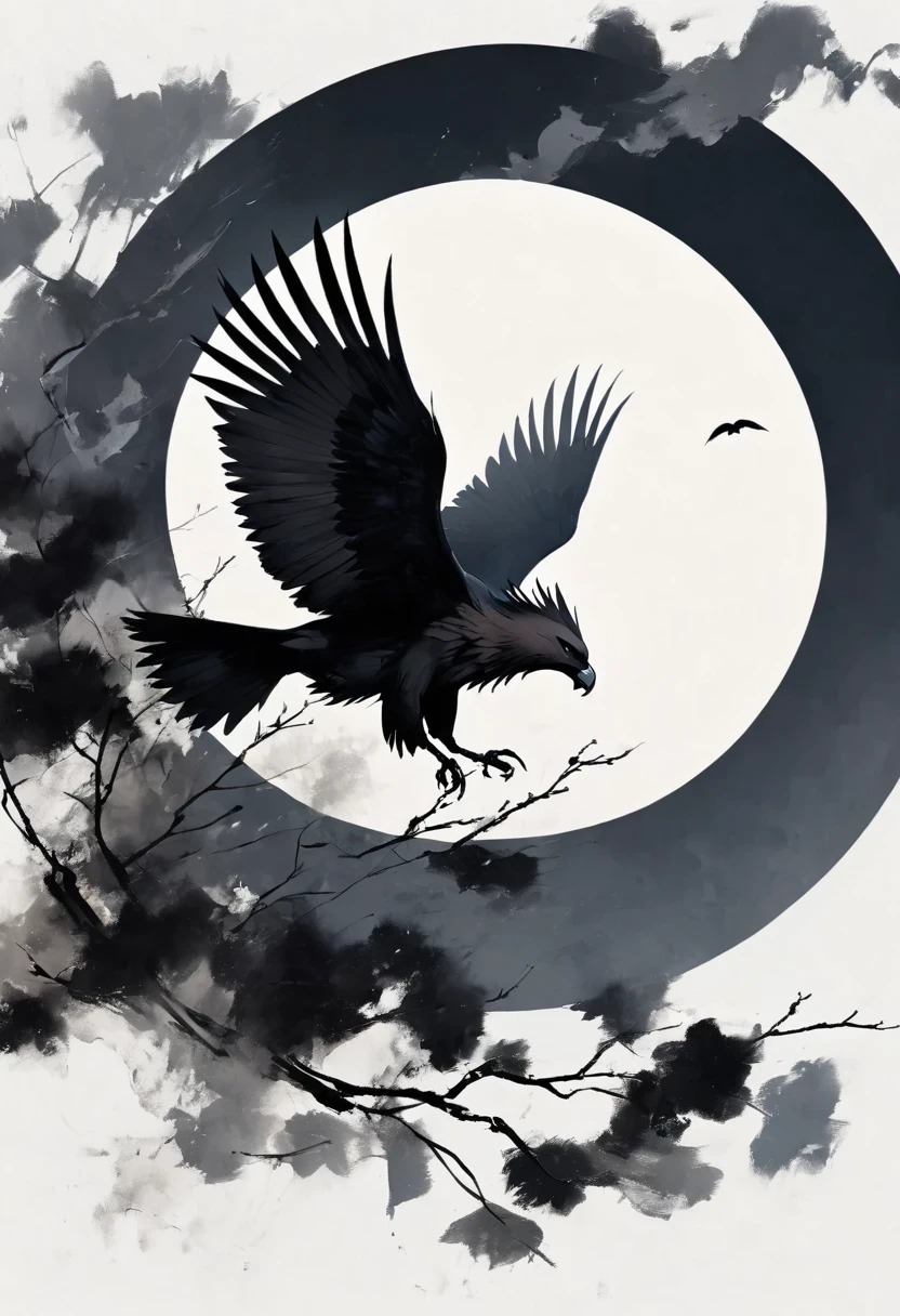 Black Hawk, White background, moon, simple, Minimalism, Regular angle,Black and white painting