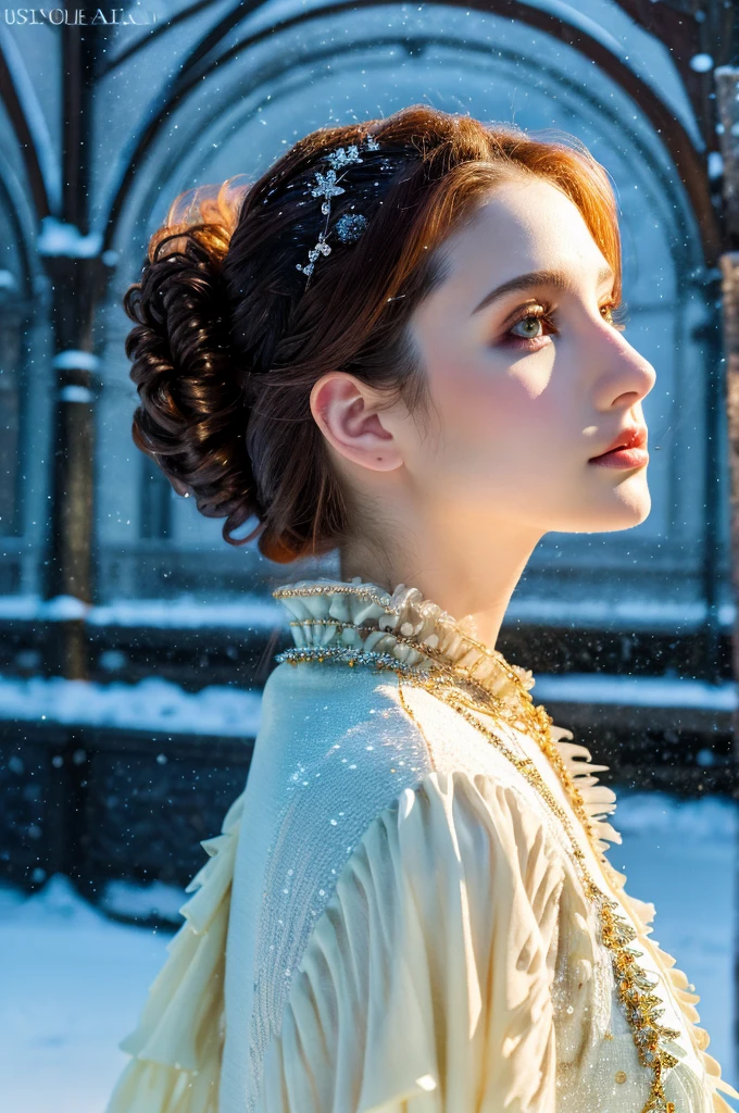 ( masterpiece, top quality, best quality,8k,17 years old girl,ultra detailed,raw photo:1.5),(photorealistic:1.4),(cinematic lighting), PerfectNwsjMajic, , Surrealism, UHD, ccurate, Super detail, textured skin, High detail, Best quality, dynamic angle, (high nose,White skin),[Beautiful blue eyes],(1girl),(good anatomy:0.5)), a woman in a dress, rococo queen, rococo fashion, rococo style portrait,rococo dress, rococo cyberpunk, No estilo de arte de Bowater, Senhora Vitoriana, Dreamy atmosphere,expressive brush strokes, mystical ambiance, ((snow)),Artistic interpretation, a whimsical illustration, Subtle colors and tones,(face), castle in the background ,clear color