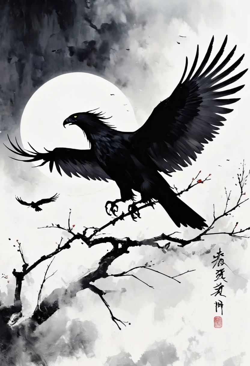 Black Hawk, White background, moon, simple, Minimalism, Regular angle,Black and white painting