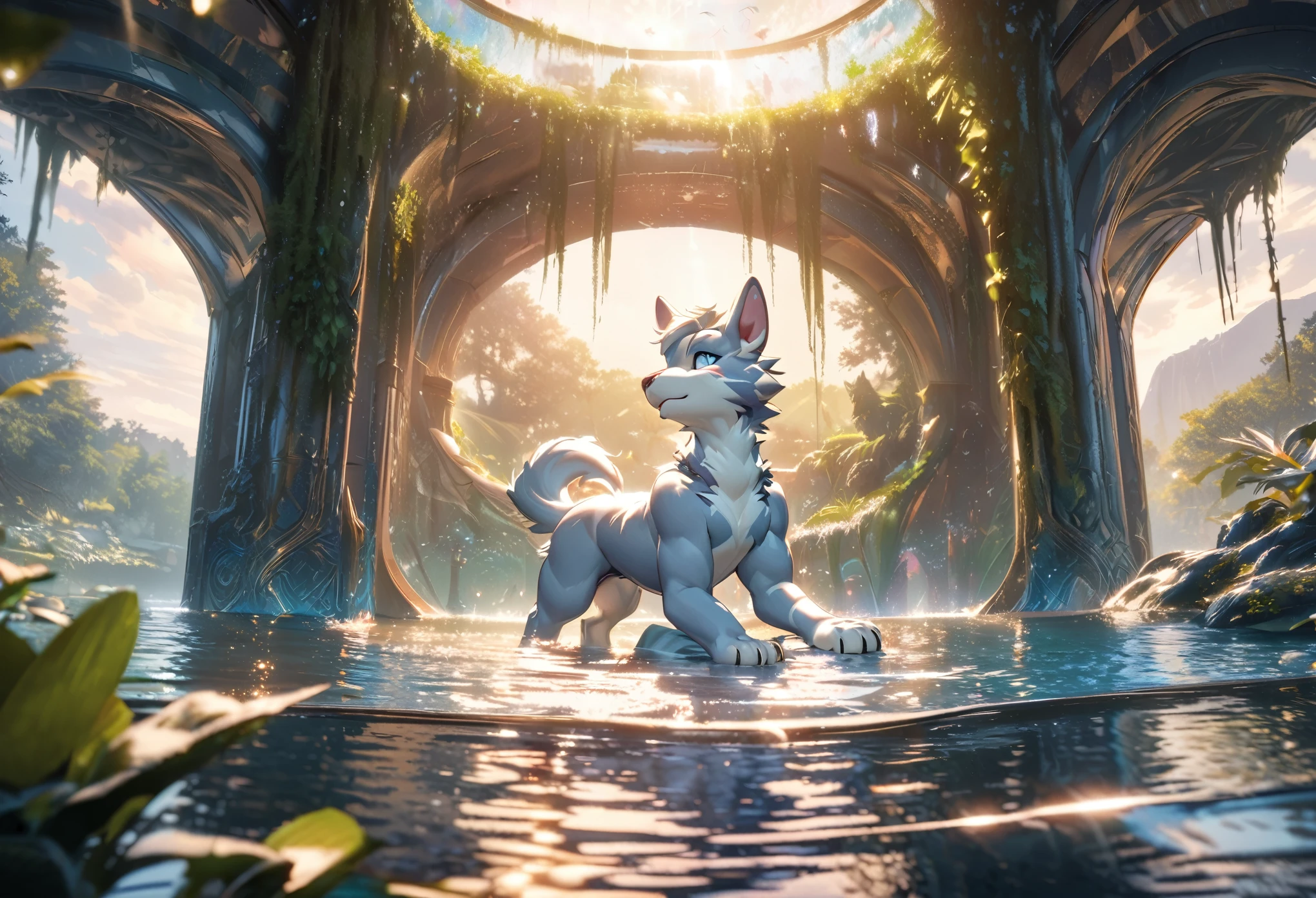 High-quality illustrations, wallpaper, summer, lake, dawn, forest, detailed forest, clouds, masterpiece, cinematic, soft light, depth of field, ray tracing, reflection in water, realism, ultra detailed, nymph, fairy, Mysterious and romantic atmosphere, luxurious embellishments, intricate details(surrounded cistern, transparent aquarium, caustics surface)(reflecting, refraction, polarization:1.2)(highly detailed beautiful face and eyes)absurdres, perfect anatomy(handsome 1boy, kemono, solo focus)(furry)(furry anthro:1.7)(Furry body, dog facial features, dog body features)(very detailed body fur)fragility, reflections in mirrors and water surfaces, realistic visual effects, soft and delicate color palette, dramatic composition,