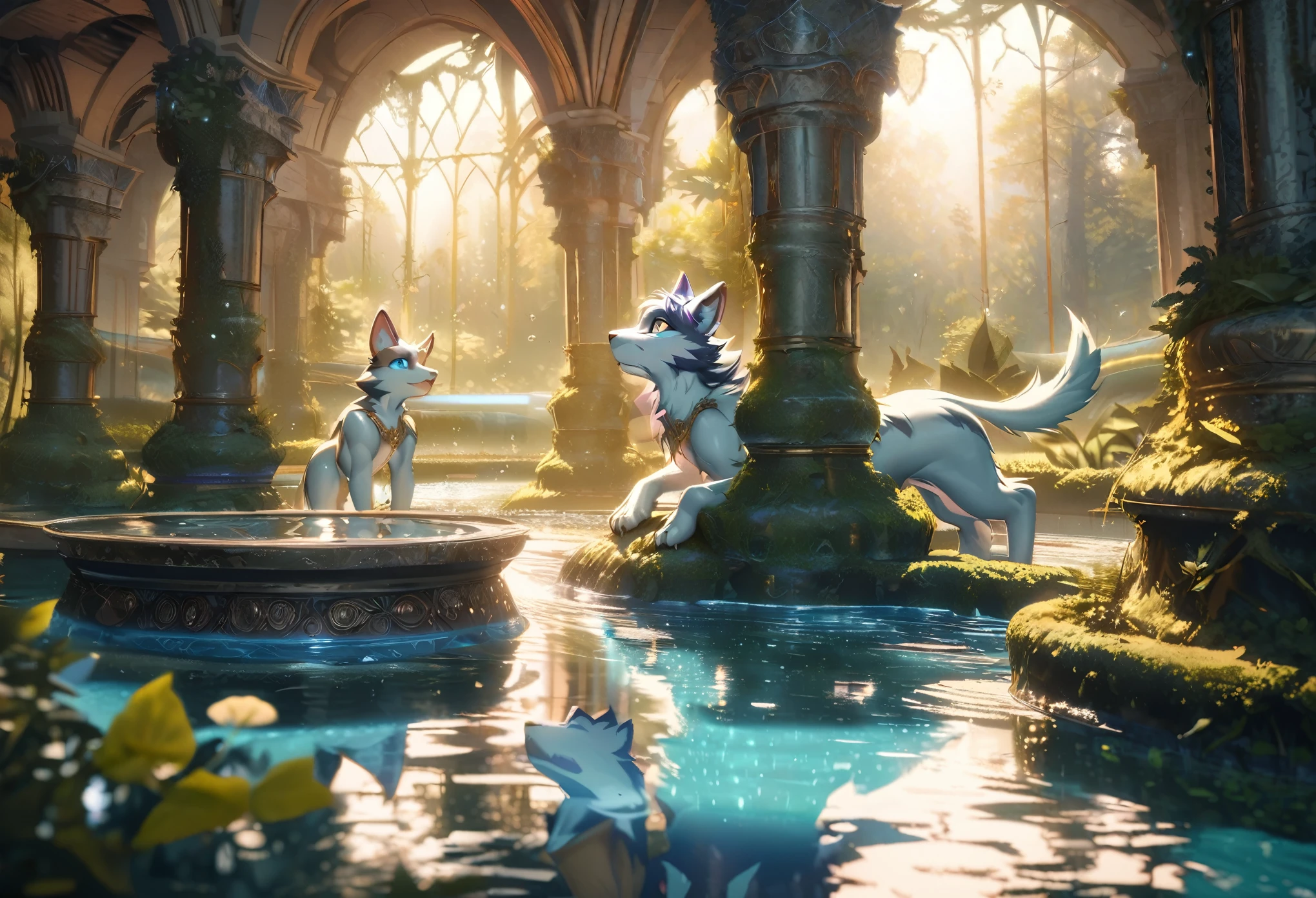 High-quality illustrations, wallpaper, summer, lake, dawn, forest, detailed forest, clouds, masterpiece, cinematic, soft light, depth of field, ray tracing, reflection in water, realism, ultra detailed, nymph, fairy, Mysterious and romantic atmosphere, luxurious embellishments, intricate details(surrounded cistern, transparent aquarium, caustics surface)(reflecting, refraction, polarization:1.2)(highly detailed beautiful face and eyes)absurdres, perfect anatomy(handsome 1boy, kemono, solo focus)(furry)(furry anthro:1.7)(Furry body, dog facial features, dog body features)(very detailed body fur)fragility, reflections in mirrors and water surfaces, realistic visual effects, soft and delicate color palette, dramatic composition,
