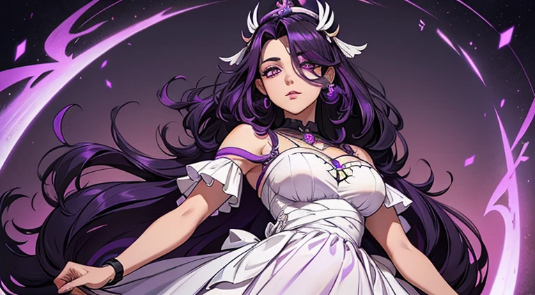 She has short black hair with the ends of her locks colored dark purple., on back, utilizava um grande broche em formato de borboleta. Your purple eyes too, tendo um delineado em volta de seus olhos. Her clothing consists of a white dress with light purple trim.