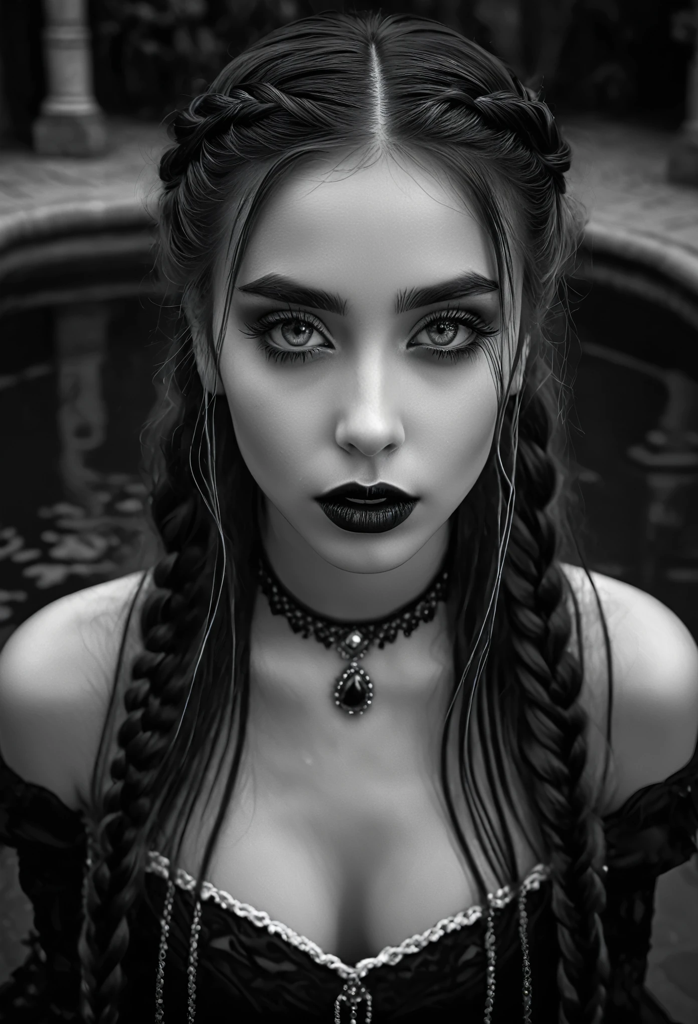 (best quality,4k,8k,highres,masterpiece:1.2),ultra-detailed,(((black and white style))),portrait of a gothic girl,beautiful detailed eyes,beautiful detailed lips,extremely detailed face,braided long hairs,sitting inside a pool of cosmic energy,gloomy atmosphere, elegant gothic attire,delicate features,pale complexion,mysterious gaze,ornate jewelry,dark background,subtle shadows,high contrast,grainy texture,monochrome,color grading