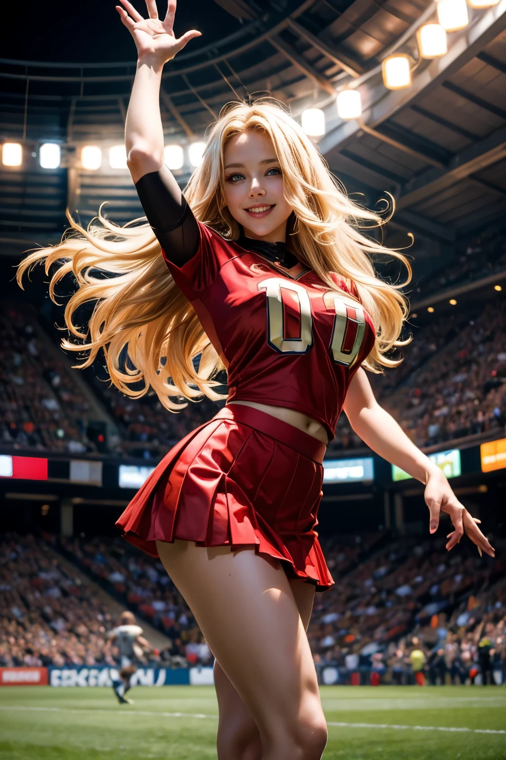 (8K, Raw photo, Best Quality, masutepiece:1.2), 30 years old 1girl, blond hairs, standing in sexy pose, Cute, (Solo), A detailed face, smile, red big lips, hands up in hairs, Dramatic Angle, shiny rainbow football uniform skirt, Look no camera, Sporty, kicking a soccer ball, (massive breasts:1.1), Nice Legs, Football Venues,