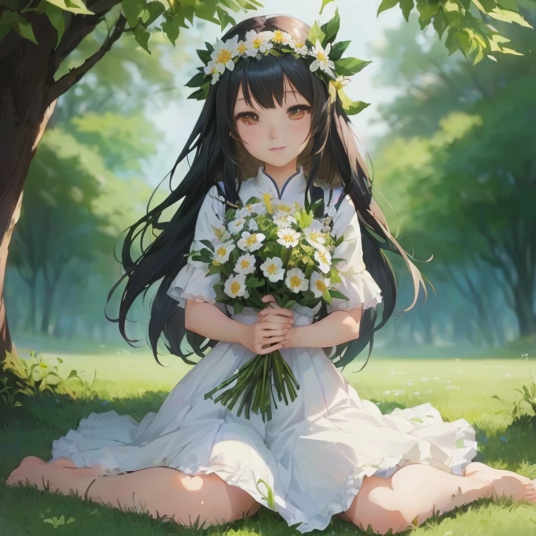 anime girl sitting on the grass with flowers in her hands, with flowers, anime visual of a cute girl, guweiz on pixiv artstation, anime moe artstyle, guweiz, hestia, sitting with flowers, cute anime girl, guweiz on artstation pixiv,  in dress, beautiful anime girl, smooth anime cg art