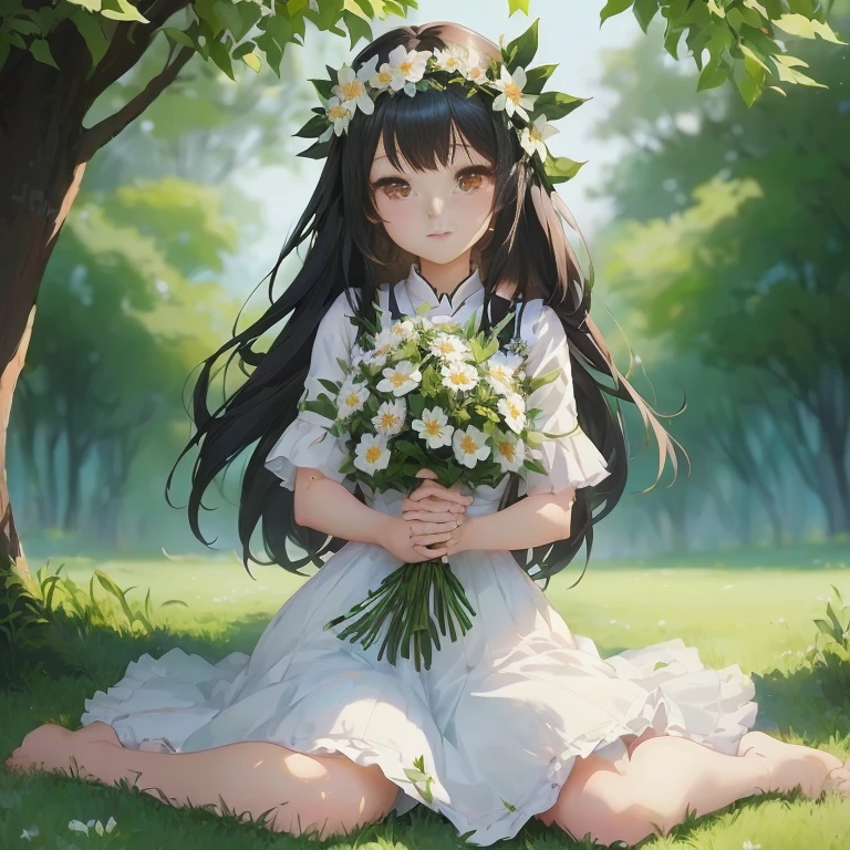 anime girl sitting on the grass with flowers in her hands, with flowers, anime visual of a cute girl, guweiz on pixiv artstation, anime moe artstyle, guweiz, hestia, sitting with flowers, cute anime girl, guweiz on artstation pixiv,  in dress, beautiful anime girl, smooth anime cg art