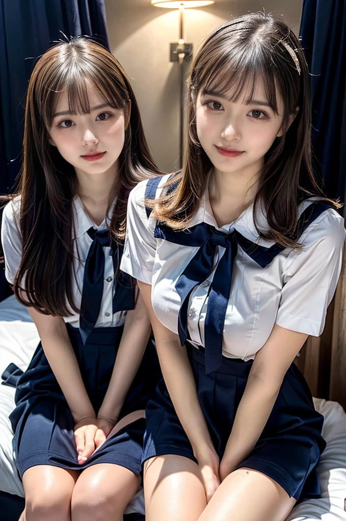 ((Four schoolgirls sitting on bed,Sit across from me,Look at me affectionately fascinated、Enraptured look,Trance,Everyone sees the camera perfectly,1 beautiful girl who is half Spanish,a blond,Brown hair,A dark-haired,photoRealstic,Luxury hotel bed taken from the lap,Same uniform,japanese,4 schoolgirls,Play with each other,Touching each other's bodies,Touching the body of the girl next door,4 Close contact,Very hilarious pose)),(Navy blue skirt in a sailor suit、Red ribbon and white shirt,Same ,large full breasts,very huge round breasts,Beautiful makeup,glitter makeup,Cutest 18 years old)),((Realistic lighting,during daytime,The background is a luxury hotel room,A detailed face,perfect teeth,White teeth,finerly detailed face,Beautiful face,an ecstatic look on one's face,Perfect fingers,Accurate 5 fingers,high-definition RAW color photography, professional photograpy, extremely delicate and beautiful, Extremely detailed,finely detail, Huge file size,Top image quality,8K))
