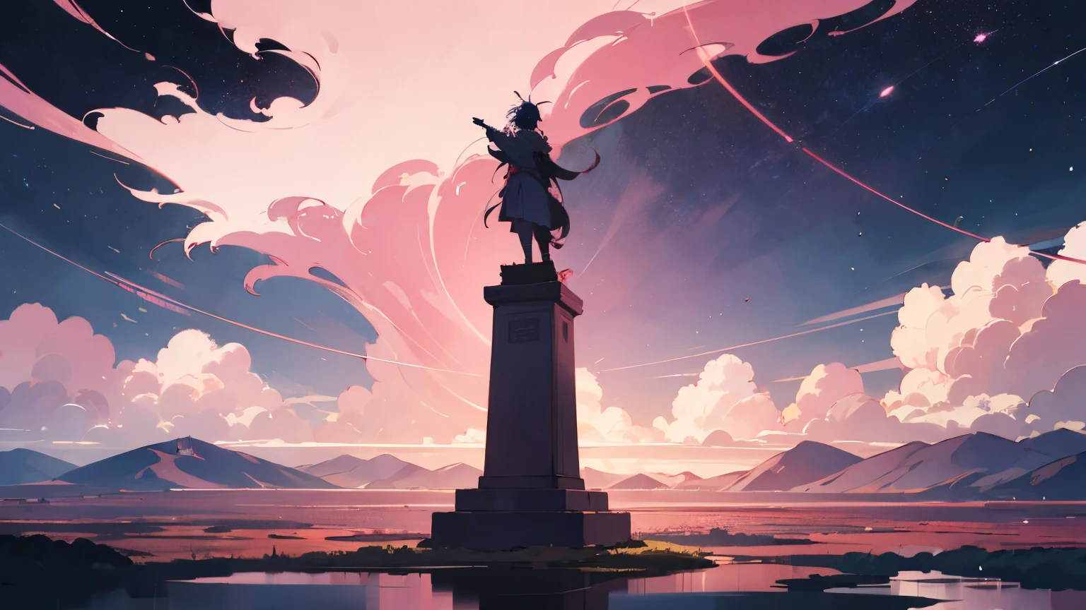 Monument of Glory, Cosmic landscape, anime style, sakura in the distance, pink tones