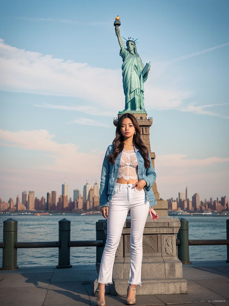 beautiful Indonesian women. long hair. wear a white levis jacket with white lace, wear jeans, wear shoes. background of the Statue of Liberty ((New York)). HD. Original photo. 18k