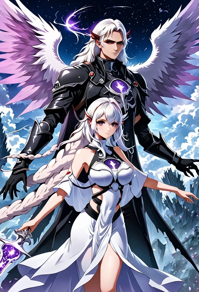 Death Demon,Dragon Island, Double braid girl,(White background:1.2)，Cartoon character with wings flying over woman in purple and white dress, Anime fantasy illustration, white hair deity, Fantasy style anime, Anime Fantasy Artwork, Anime Cover, Fantasy art style, Ethereal Anime, white hair, white hair, Beautiful fantasy anime, Nixon and Sagemchan, Queen and ruler of the universe, Anime style 4k， Cool anime 8K, Devil anime girl, Anime epic artwork, best anime 4k konachan wallpapers, angel knight girl, 2. 5D CGI anime fantasy artwork, Angels Watching the Devil, Anime Key Art, Eros and Thanatos, Dark Angel, Epic anime style, Ghost Hunters Art Style