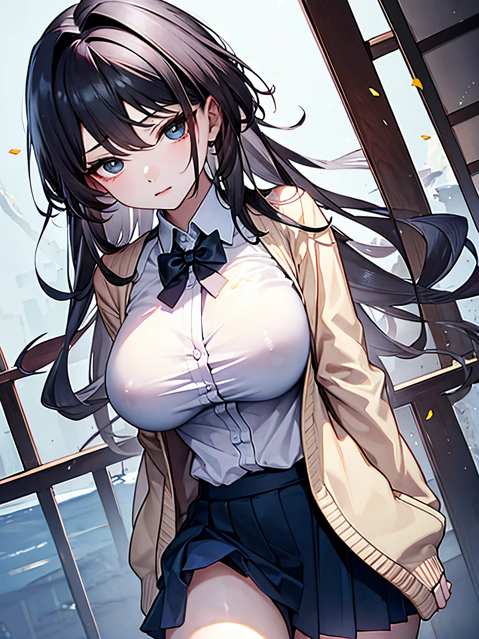 Ruan mei, big breast, wearing cardigan and skirt uniform