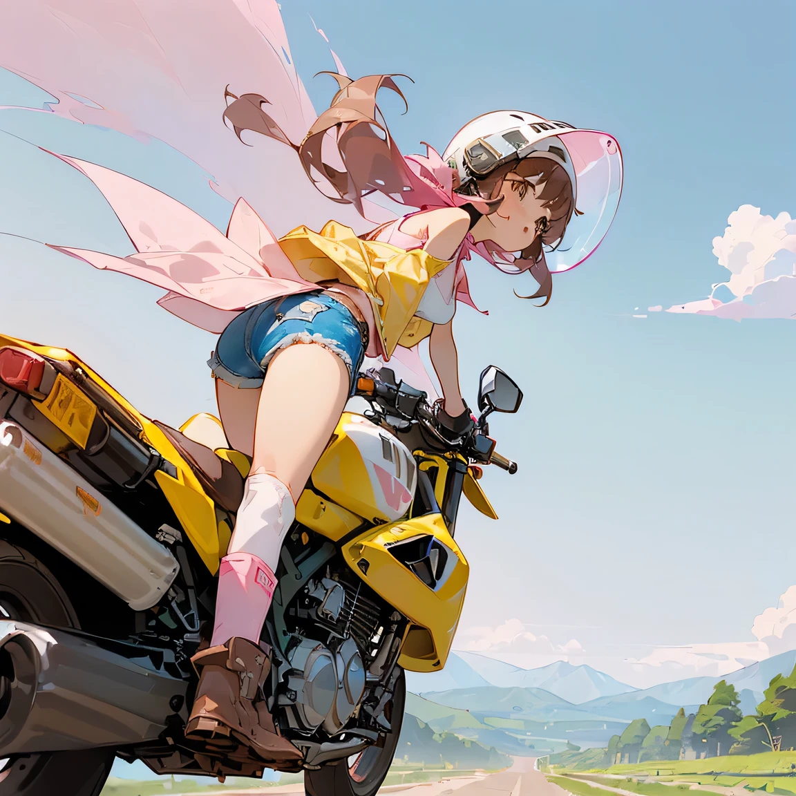 Highest quality、((A girl is riding a pink off-road type motorcycle:1.35))、Dark brown short cut、(Wearing a white jet helmet、White tank top、Yellow Jacket、Denim shorts、White knee-high socks、Brown work boots:1.3)、Japanese countryside scenery、Winding Road、Weeds grow along the side of the road、Blue sky、White clouds floating、Early summer sky、