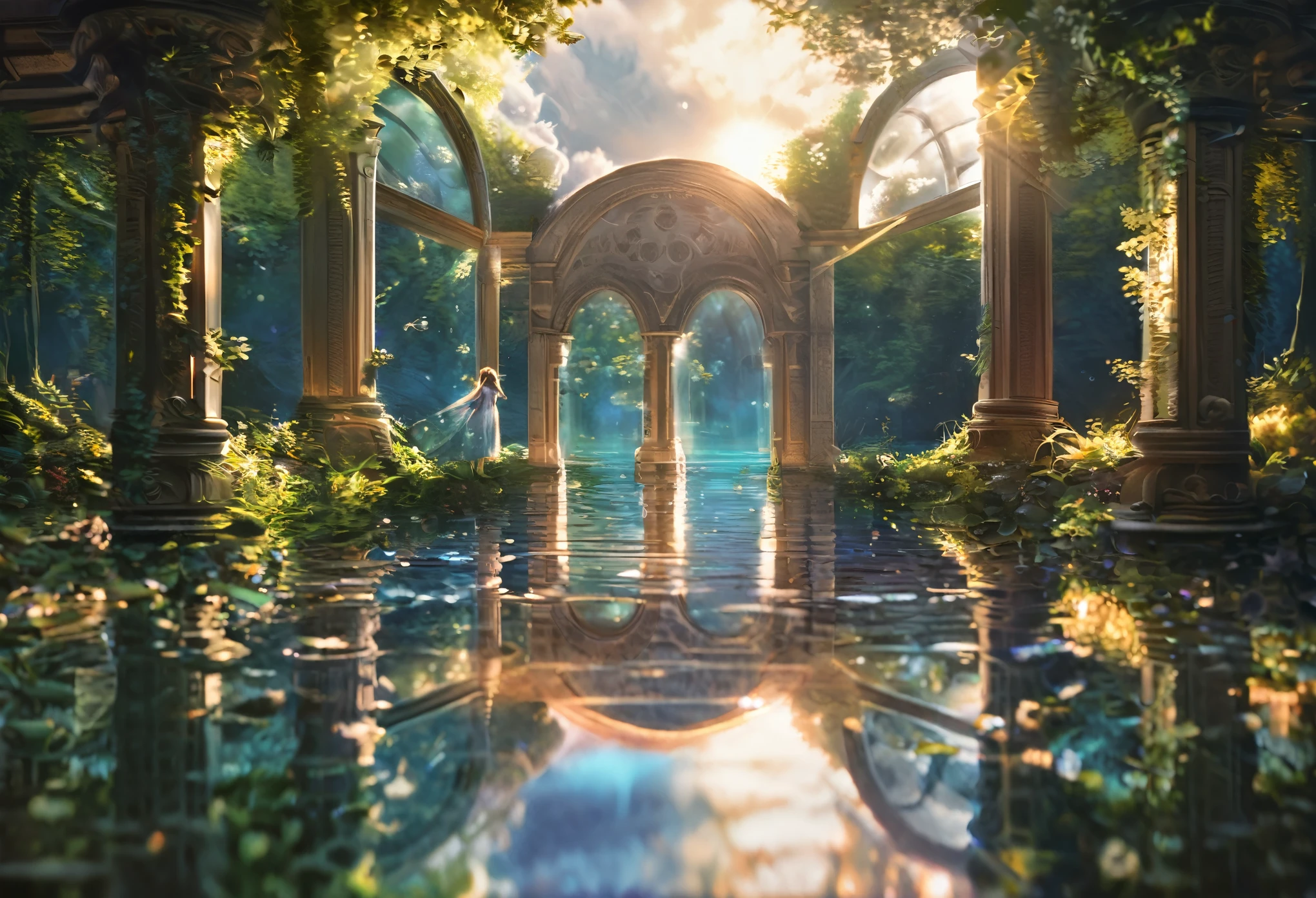 High-quality illustrations, wallpaper, summer, lake, dawn, forest, detailed forest, clouds, masterpiece, cinematic, soft light, depth of field, ray tracing, reflection in water, realism, ultra detailed, nymph, fairy, Mysterious and romantic atmosphere, luxurious embellishments, intricate details(surrounded cistern, transparent aquarium, caustics surface)(reflecting, refraction, polarization:1.2)(highly detailed beautiful face and eyes)absurdres, perfect anatomy(handsome 1boy, kemono, solo focus)(furry)(furry anthro:1.7)(Furry body, dog facial features, dog body features)(very detailed body fur)fragility, reflections in mirrors and water surfaces, realistic visual effects, soft and delicate color palette, dramatic composition,