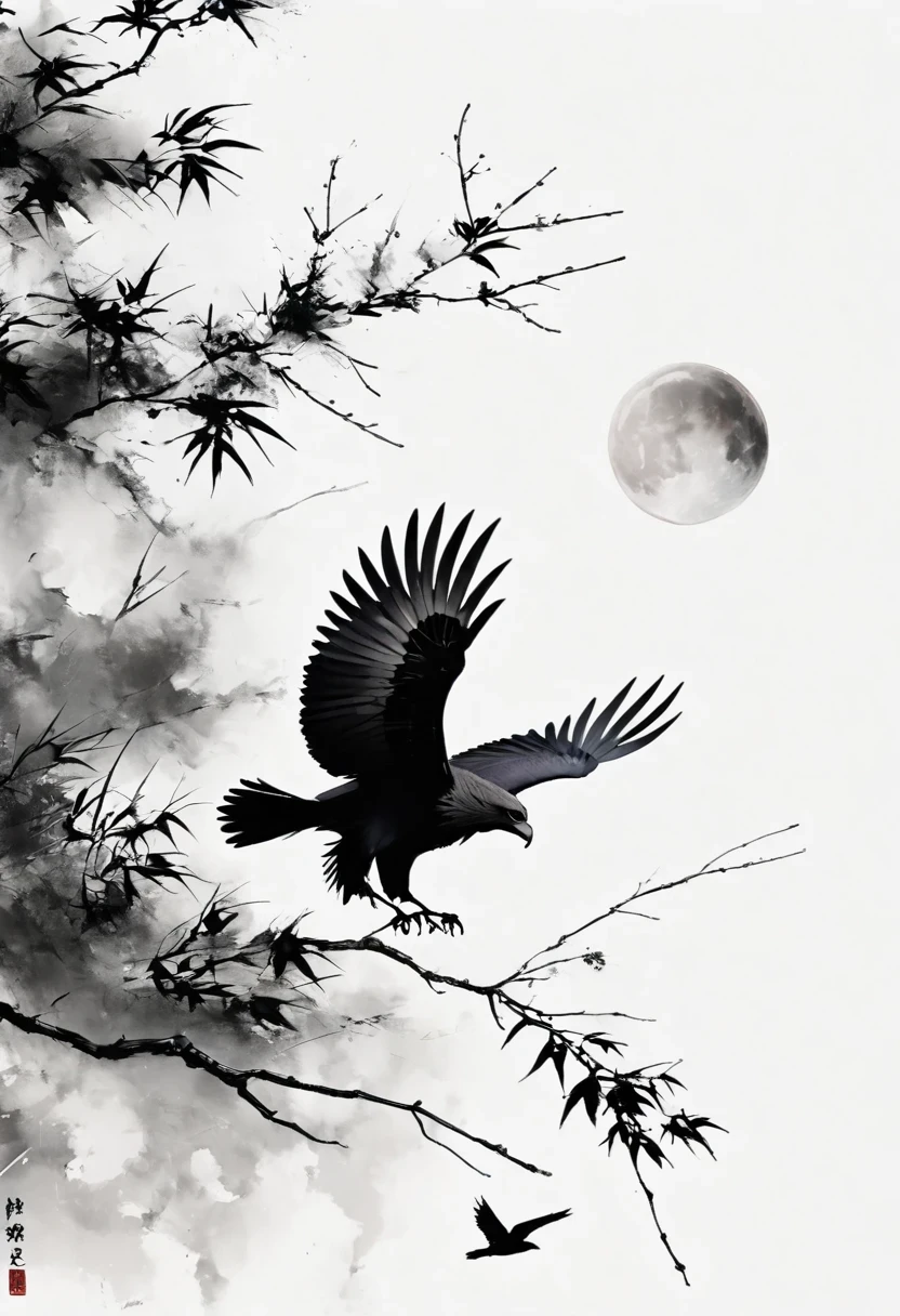 Black Hawk, White background, moon, simple, Minimalism, Regular angle,Black and white painting