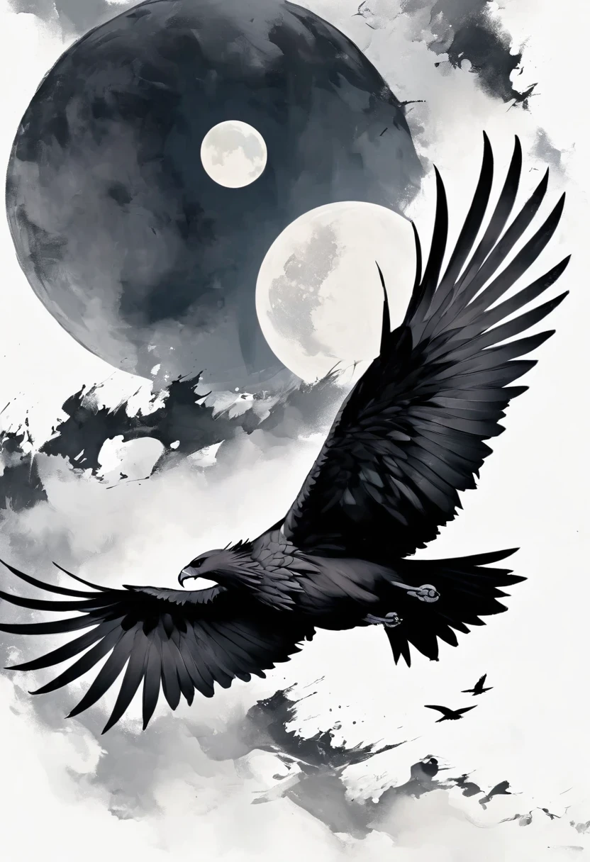 Black Hawk, White background, moon, simple, Minimalism, Regular angle,Black and white painting