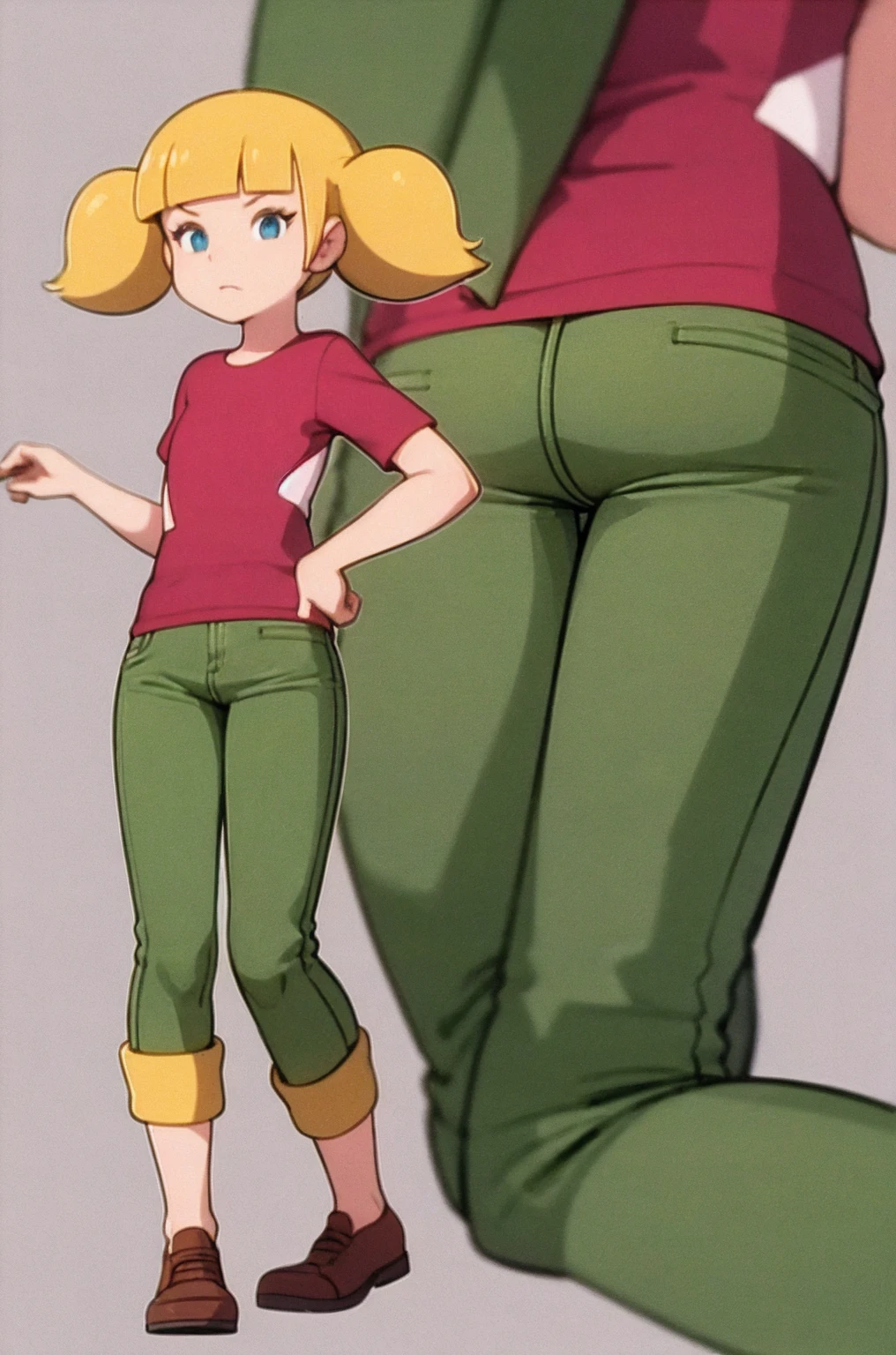 score_9_up,score_8_up,score_6,score_5,score_4, solo, masterpiece, best quality, 1girl, penny, blonde hair, twintails, blunt bangs, blue eyes, red shirt, green pants, brown shoes, (wristwatch:0.6), full body, flat tirso, standing, contrapposto, solo, simple background, ass, back view, spread ass, ass focus, ass zoom in 