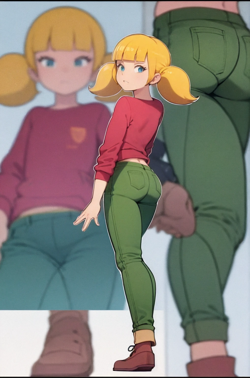 score_9_up,score_8_up,score_6,score_5,score_4, solo, masterpiece, best quality, 1girl, penny, blonde hair, twintails, blunt bangs, blue eyes, red shirt, green pants, brown shoes, (wristwatch:0.6), full body, flat tirso, standing, contrapposto, solo, simple background, ass, back view, spread ass, ass focus, ass zoom in 