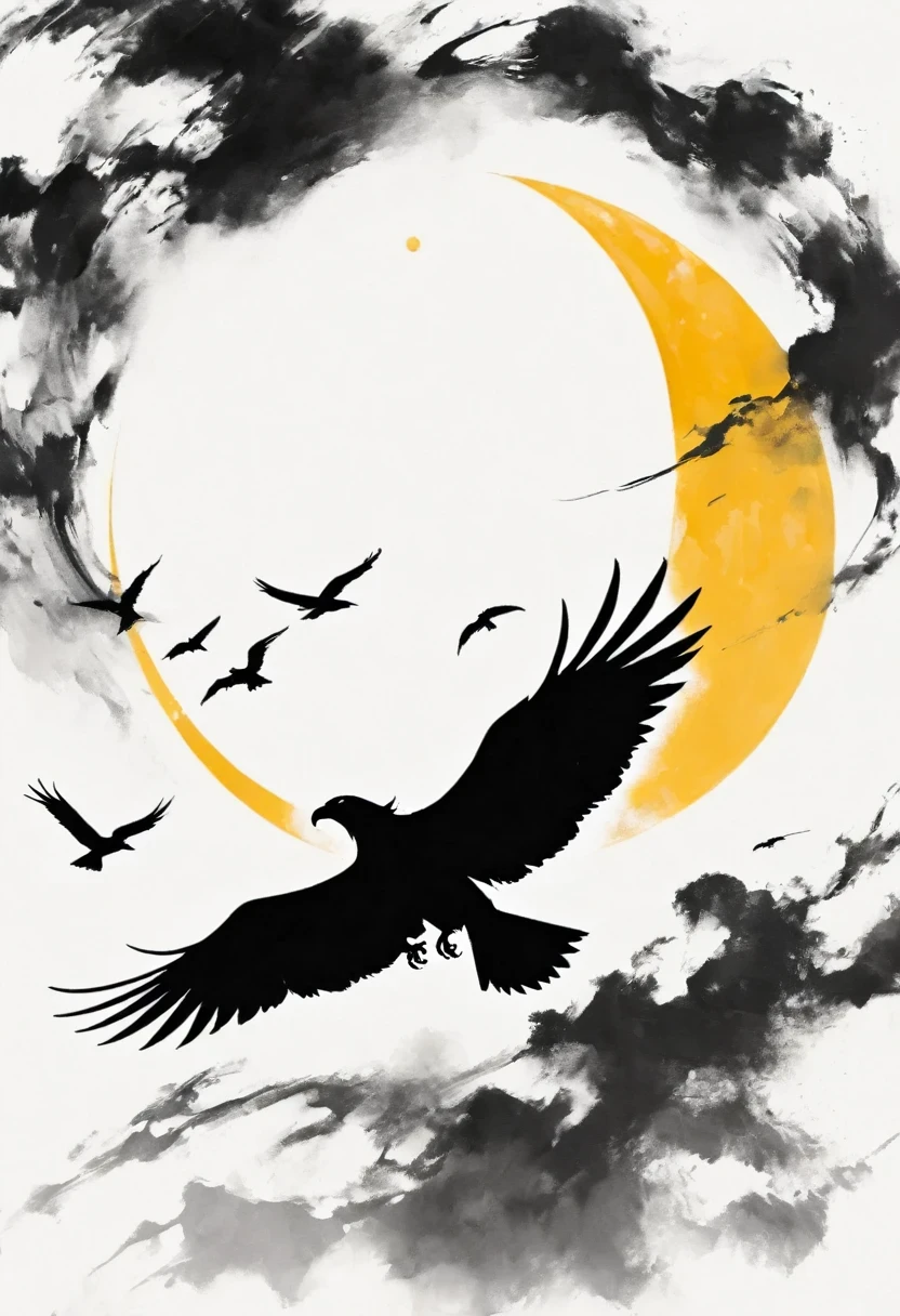 Black Hawk, White background, moon, simple, Minimalism, Regular angle,Black and white painting