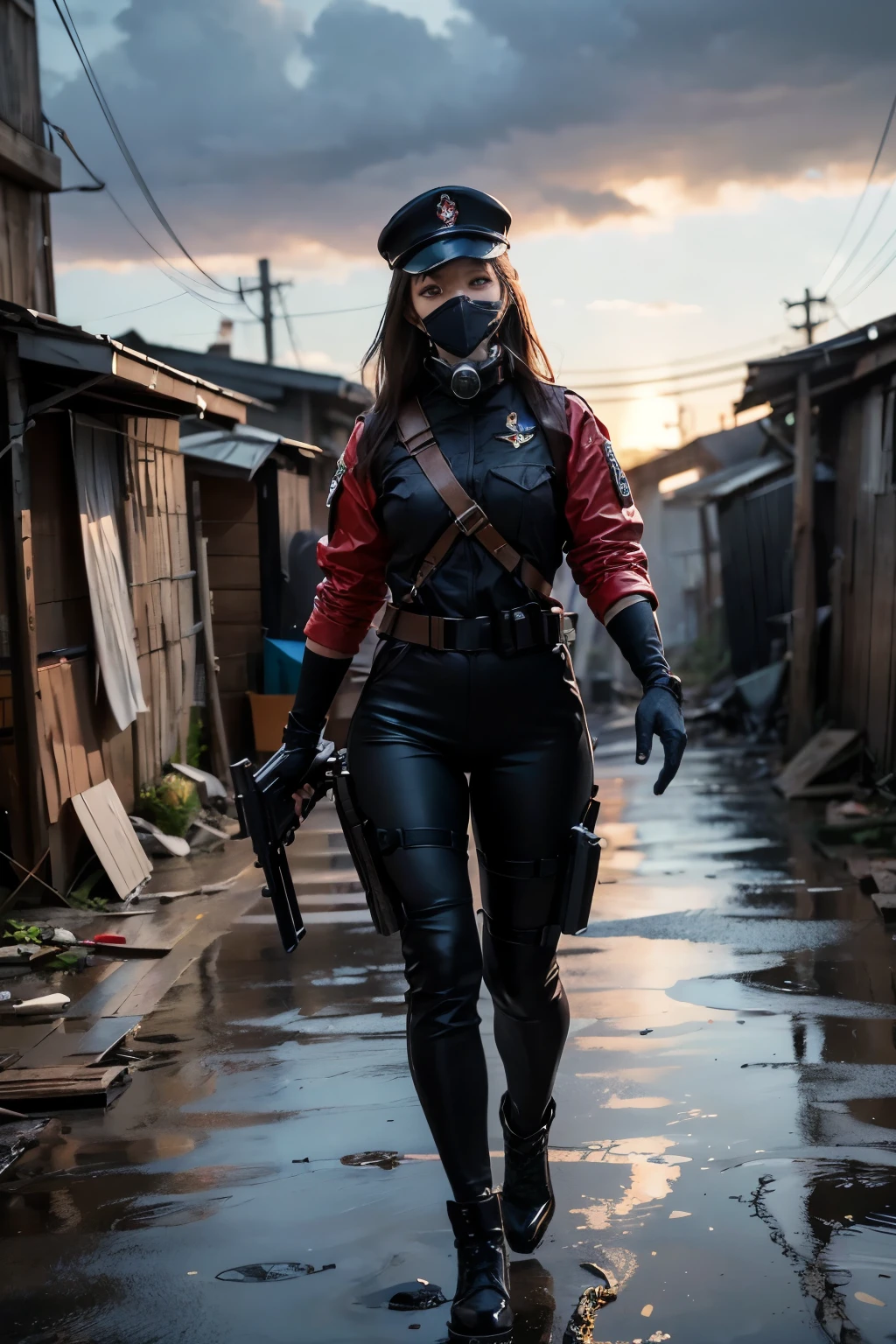 ((Best quality)), ((masterpiece)), (detailed), perfect face." "A full-body view of a military woman, wearing a red/black uniform, with a respirator covering three-quarters of her face, leaving one eye exposed. She has medium-length hair and is holding a double-barreled shotgun.peaked cap, The setting is steampunk, with slums in the background, rain, overcast weather, in a photorealistic style."