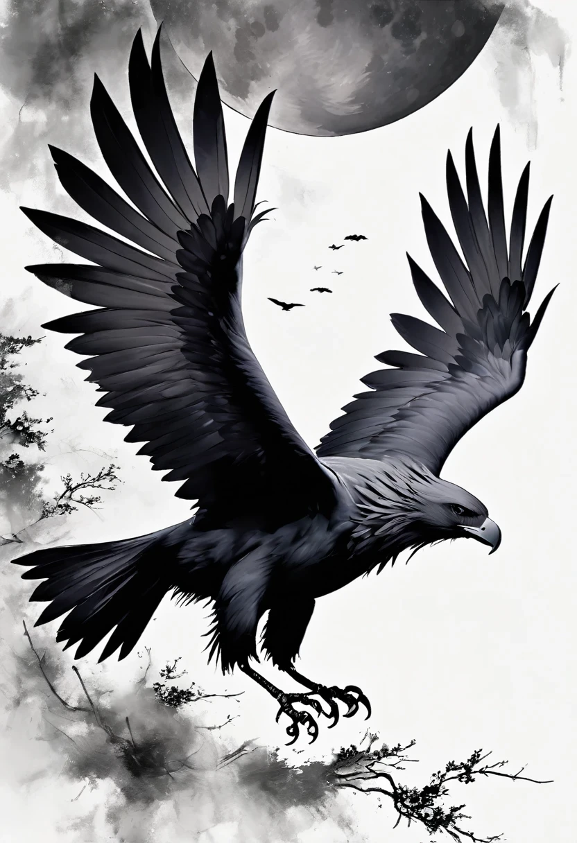 Black Hawk, White background, moon, simple, Minimalism, Regular angle,Black and white painting