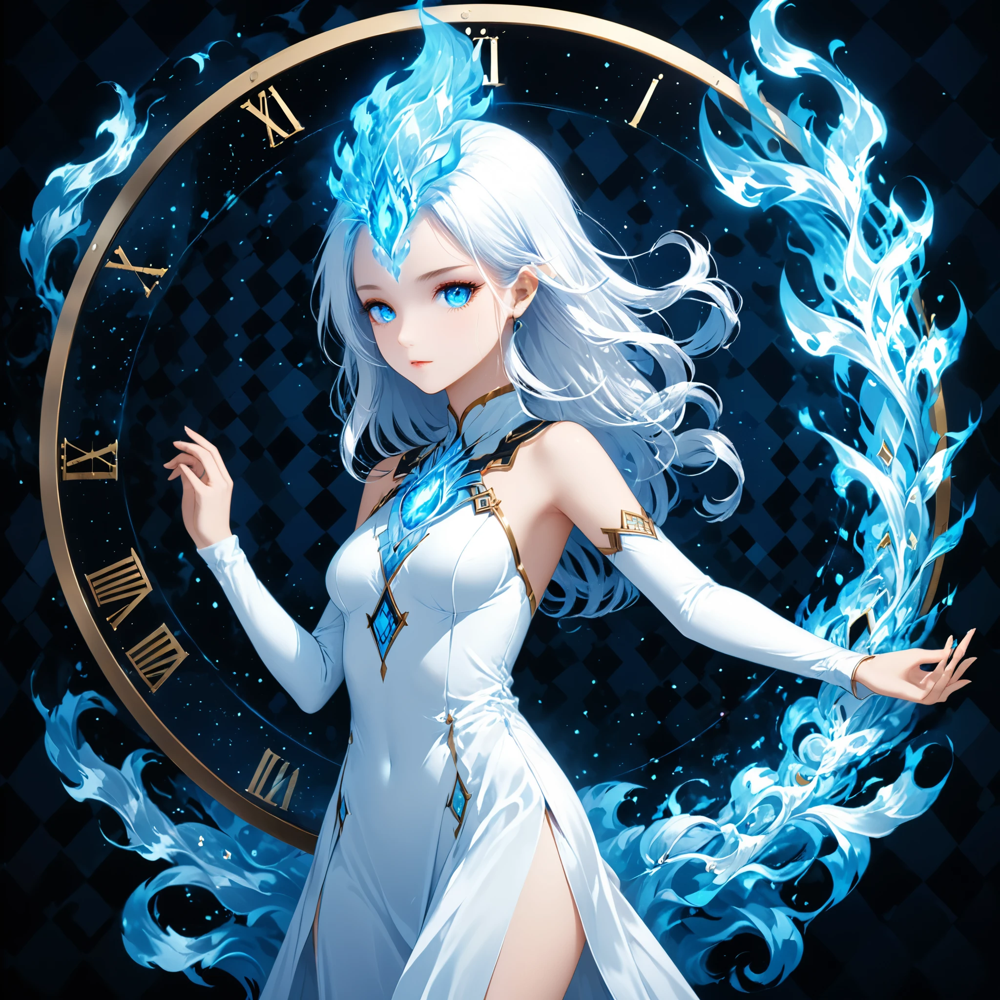(argyle_background:1.3),surrealist style,(depicting (((blue fire))) Elemental concept designed:1.2),(full_shot:1.2),space warp background,(clock_background:1.3),
BREAK
negative space composition,character design by liu ye,Nick Veasey,
BREAK
(long white hair:1.4),(white eyes:1.2),(white mechasuite:1.5),detail eyes
BREAK
(pose:1.4),(the lines of movement of the wind:1.4),simple background,(elementalized body:1.1),