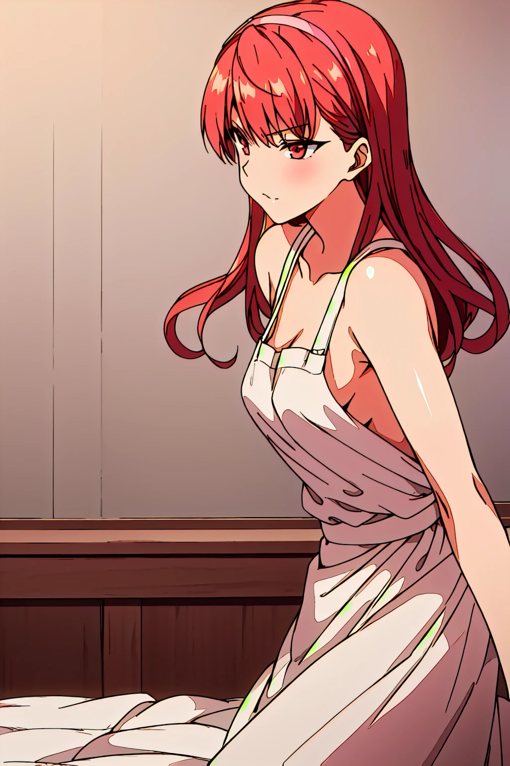 (Anime Screenshots),(8K,masterpiece, Top quality, best quality,beautiful and aesthetic:1.2,Super detailed:1.3), Very detailed, The most detailed, Ridiculous, High resolution, Super detaileded,(Cowboy shooting),
blush, naked apron,
Ikaku Nobuo, 1 Girl, Solitary, Bangs,Red hair, Hair accessories,Red Eyes,breast, ,clavicle,Pink hair band, (Hair band),