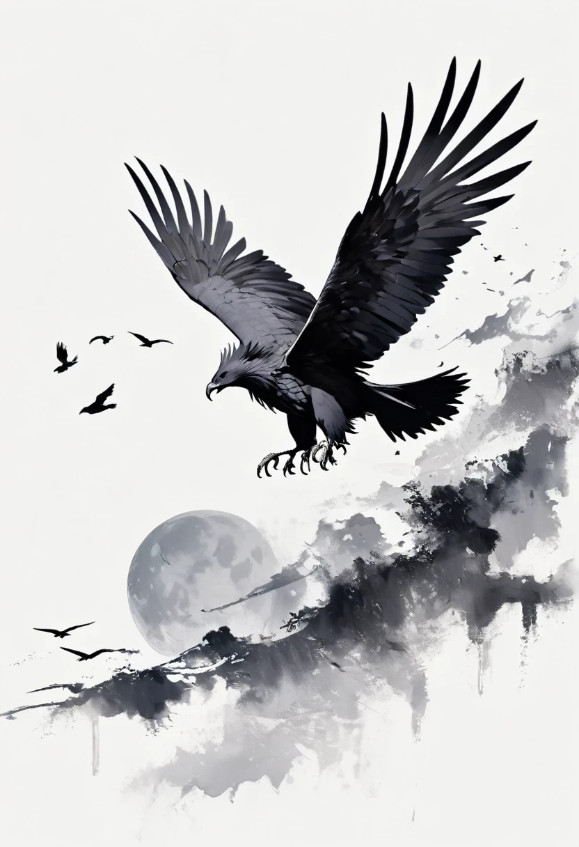 Black Hawk, White background, moon, simple, Minimalism, Regular angle,Black and white painting