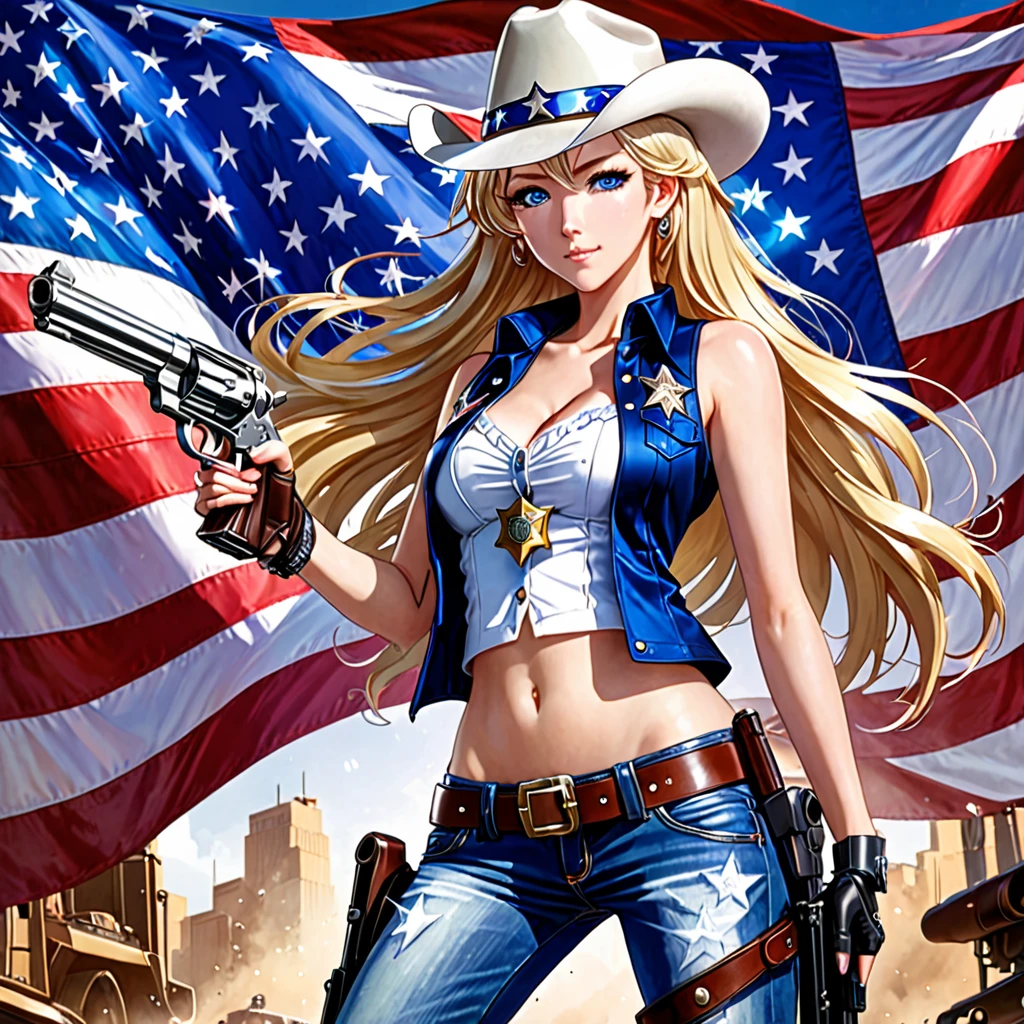 1 girl, masterpiece, macross delta splash art,  best quality, white tank top, midriff, short blue jeans, small breasts, cowboy hat, gun holster on hip, highly detailed gun, realistic gun, Colt Peacemaker in hand, gun aimed forward, sheriff badge, bullets on belt, brown leather duster, leather overcoat, detailed eyes, sparkling eyes, beautiful hands, highly detailed hands, straight hands, shiny skin, shiny hair, blue eyes, light blonde hair, tall, long hair, straight hair, full body, American flag