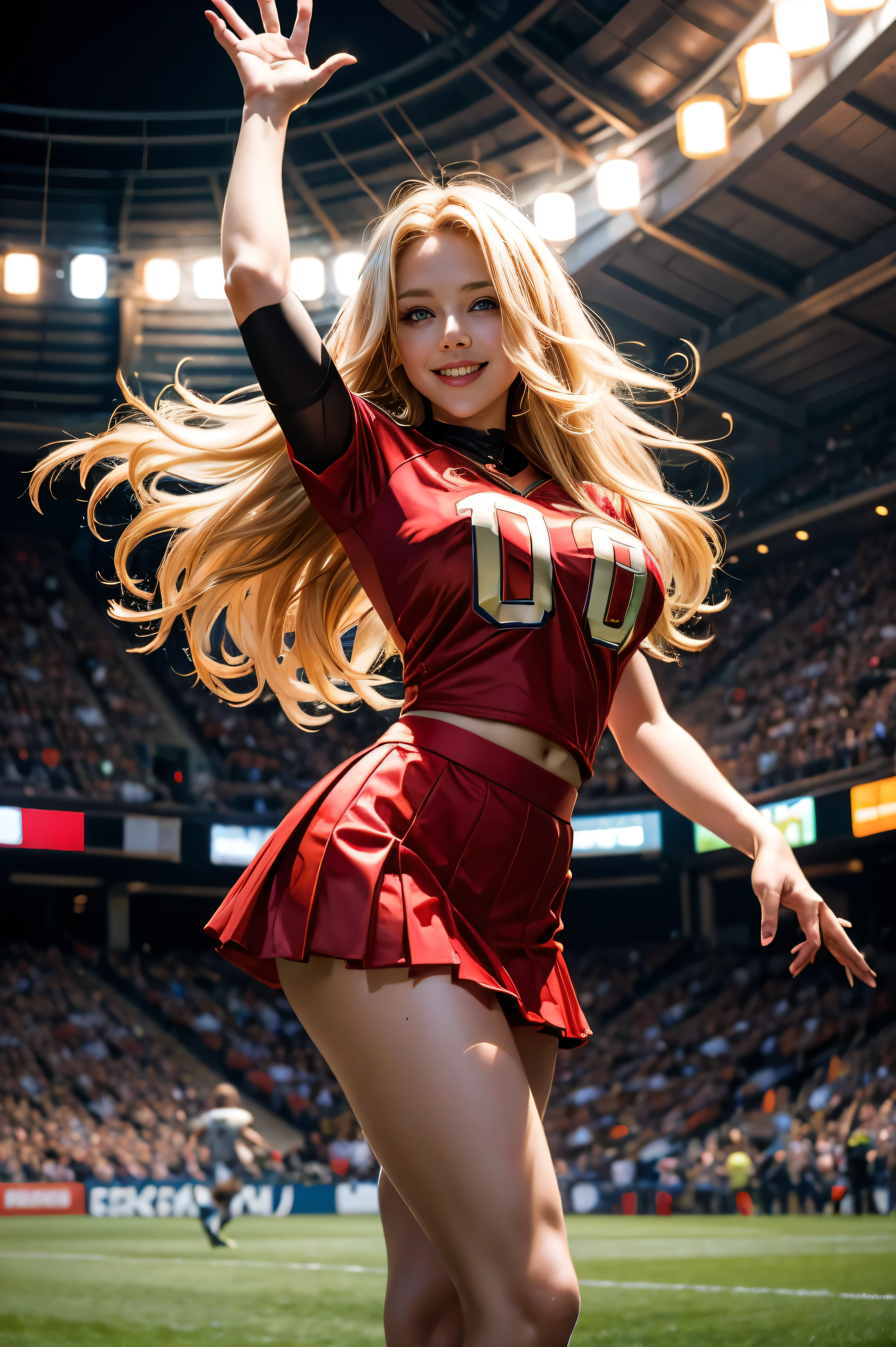 (8K, Raw photo, Best Quality, masutepiece:1.2), 30 years old 1girl, blond hairs, standing in sexy pose, Cute, (Solo), A detailed face, smile, red big lips, hands up in hairs, Dramatic Angle, shiny rainbow football uniform skirt, Look no camera, Sporty, kicking a soccer ball, (massive breasts:1.1), Nice Legs, Football Venues,