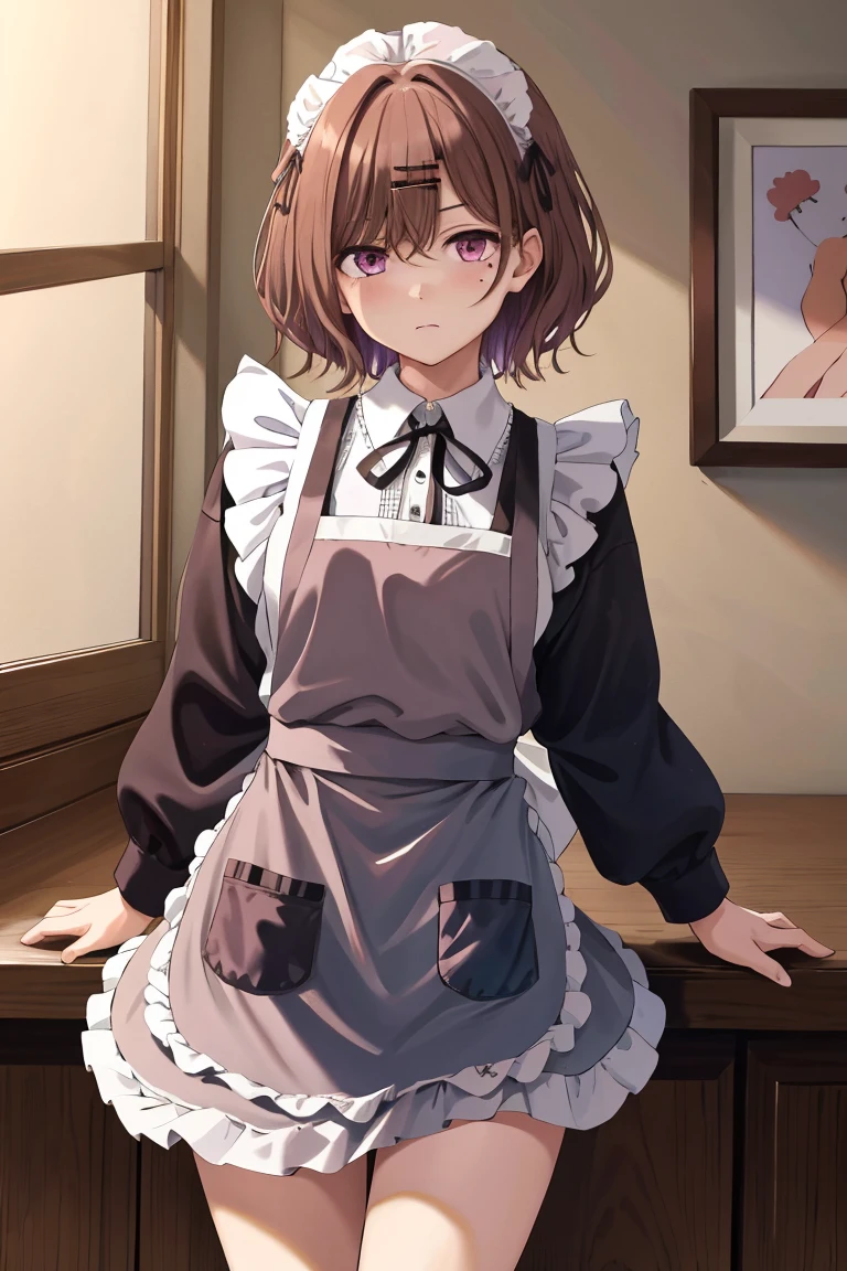 Best quality， higher， 1 Girl， Higuchi Madoka， Brown hair， Moles under the eyes， Hair accessories， Hairpin， Short and delicate hair， By Bangs， Purple Eye， Cowboy lens，  ((Shy)), ((apron)), ((nude)), thigh，  Poker face， 