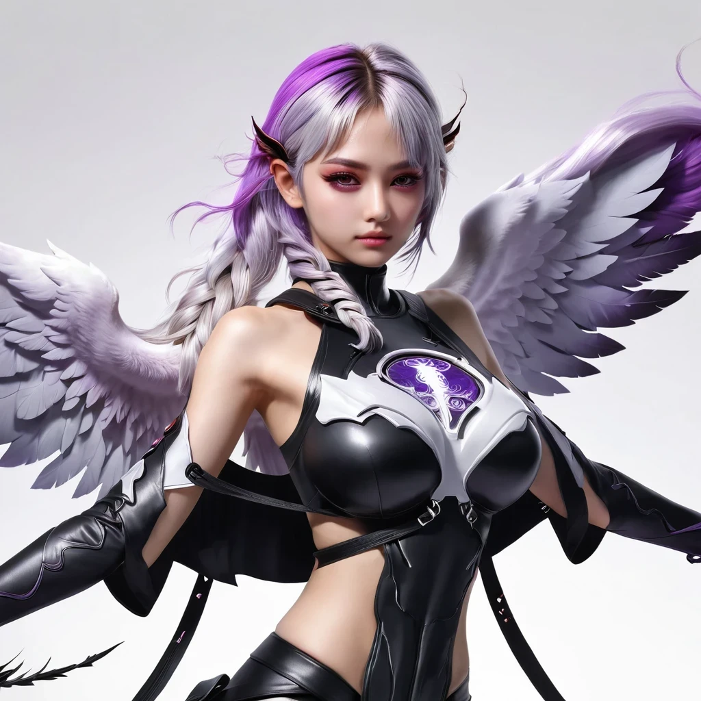 Death Demon, Double braid girl,(White background:1.2)，Cartoon character with wings flying over woman in purple and white dress, Cool anime 8K, Devil anime girl, white hair deity, Anime epic artwork, best anime 4k konachan wallpapers, angel knight girl, 2. 5D CGI anime fantasy artwork, Angels Watching the Devil, Anime Key Art, Eros and Thanatos, Dark Angel, Epic anime style, Ghost Hunters Art Style