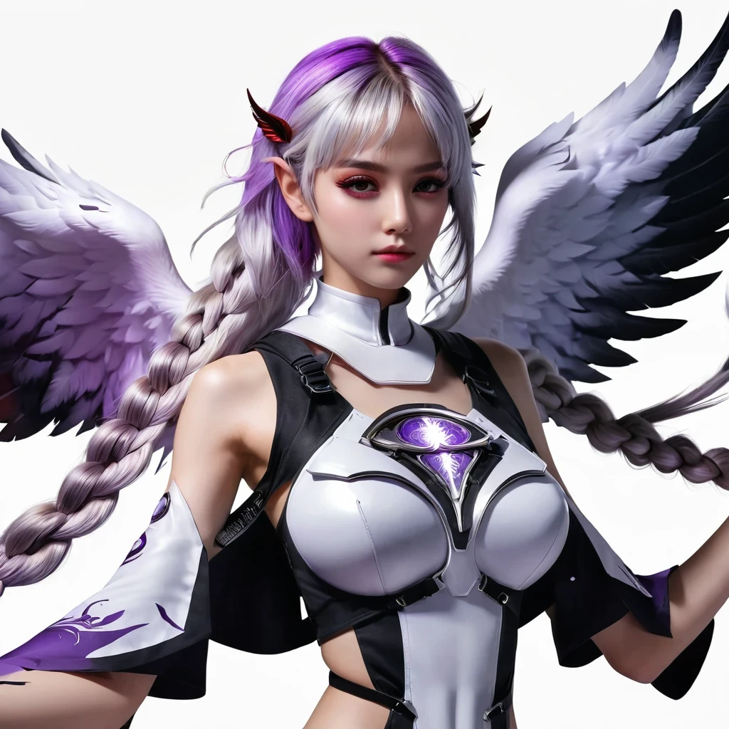 Death Demon, Double braid girl,(White background:1.2)，Cartoon character with wings flying over woman in purple and white dress, Cool anime 8K, Devil anime girl, white hair deity, Anime epic artwork, best anime 4k konachan wallpapers, angel knight girl, 2. 5D CGI anime fantasy artwork, Angels Watching the Devil, Anime Key Art, Eros and Thanatos, Dark Angel, Epic anime style, Ghost Hunters Art Style