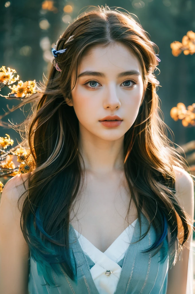 ( masterpiece, top quality, best quality,8k,17 years old girl,ultra detailed,raw photo:1.5),(photorealistic:1.4), (cinematic lighting), PerfectNwsjMajic, , Surrealism, UHD, ccurate, Super detail, textured skin, High detail, Best quality, dynamic angle, White skin,[Beautiful blue eyes], high nose,[flat chest:large breasts:0.5],(1girl),((good anatomy:0.5)),(covered in flowers:1.4), night sky, interested in, fire and ice, (The image is divided into two，Available in a variety of colors:2), eyes blues, sapphire, liquid metal, night sky, (Look at an angle:1.3), (fire and ice), ((Lower chrome)), (hairpin:1.4), (forest:1.3), (fog: 1.3),  Subtle colors and tones, mystical aura ,dreamy atmosphere,expressive brush strokes, mystical ambiance, Artistic interpretation, upper body, (long hair,light brown streaked hair, brown hair)