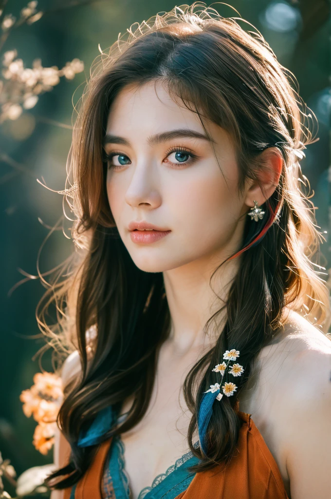 ( masterpiece, top quality, best quality,8k,17 years old girl,ultra detailed,raw photo:1.5),(photorealistic:1.4), (cinematic lighting), PerfectNwsjMajic, , Surrealism, UHD, ccurate, Super detail, textured skin, High detail, Best quality, dynamic angle, White skin,[Beautiful blue eyes], high nose,[flat chest:large breasts:0.5],(1girl),((good anatomy:0.5)),(covered in flowers:1.4), night sky, interested in, fire and ice, (The image is divided into two，Available in a variety of colors:2), eyes blues, sapphire, liquid metal, night sky, (Look at an angle:1.3), (fire and ice), ((Lower chrome)), (hairpin:1.4), (forest:1.3), (fog: 1.3),  Subtle colors and tones, mystical aura ,dreamy atmosphere,expressive brush strokes, mystical ambiance, Artistic interpretation, upper body, (long hair,light brown streaked hair, brown hair)