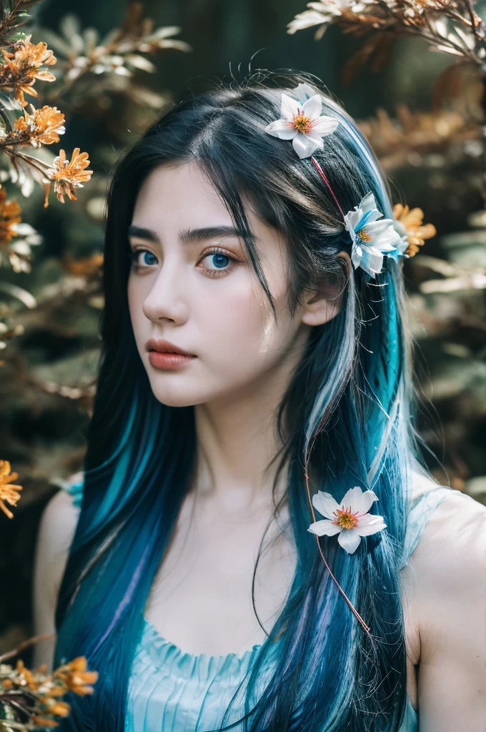 ( masterpiece, top quality, best quality,8k,17 years old girl,ultra detailed,raw photo:1.5),(photorealistic:1.4), (cinematic lighting), PerfectNwsjMajic, , Surrealism, UHD, ccurate, Super detail, textured skin, High detail, Best quality, dynamic angle, White skin,[Beautiful blue eyes], high nose,[flat chest:large breasts:0.5],(1girl),((good anatomy:0.5)),(covered in flowers:1.4), night sky, joint, interested in, fire and ice, (The image is divided into two，Available in a variety of colors:2), eyes blues, sapphire, liquid metal, night sky, (Look at an angle:1.3), (fire and ice), ((Lower chrome)), (hairpin:1.4), (forest:1.3), (fog: 1.3),  Subtle colors and tones, mystical aura ,dreamy atmosphere,expressive brush strokes, mystical ambiance, Artistic interpretation,Wonderland, blue glowing flowers tone, upper body, long hair,(blue streaked hair)